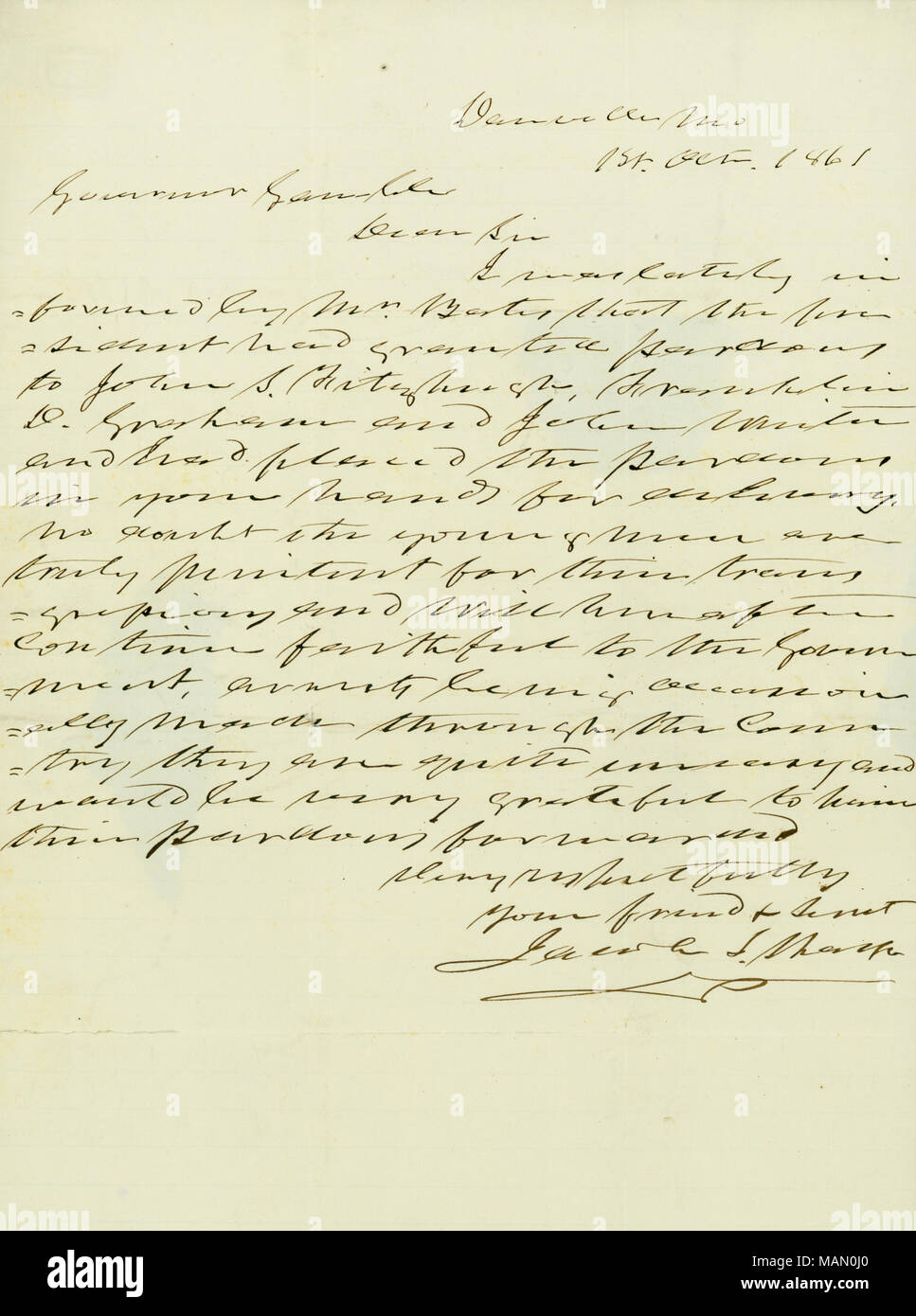 En ce qui concerne la réhabilitation de trois hommes signé par le président Lincoln. Titre : lettre signée Jacob S. Sharpe à Gouverneur Gamble [Hamilton R. Gamble], 1 octobre, 1861 . 1 octobre 1861. Sharpe, Jacob S. Banque D'Images