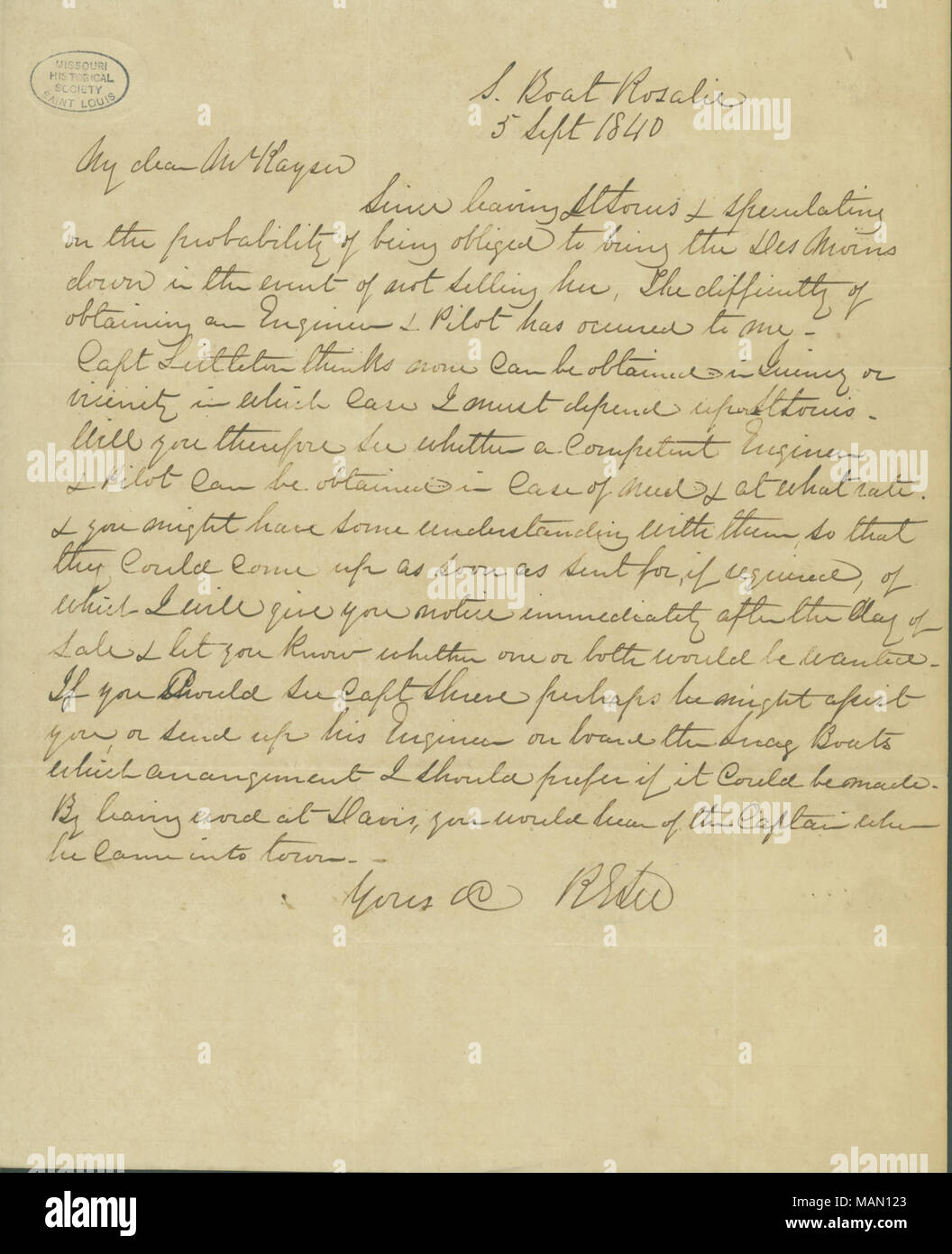Kayser Demande d'enquêter sur les conditions d'obtention d'un équipage pour le vapeur 'Des Moines.' Title : lettre signée R.E. Lee à Henry Kayser, le 5 septembre 1840 . 5 septembre 1840. Lee, Robert E. (Robert Edward), 1807-1870 Banque D'Images