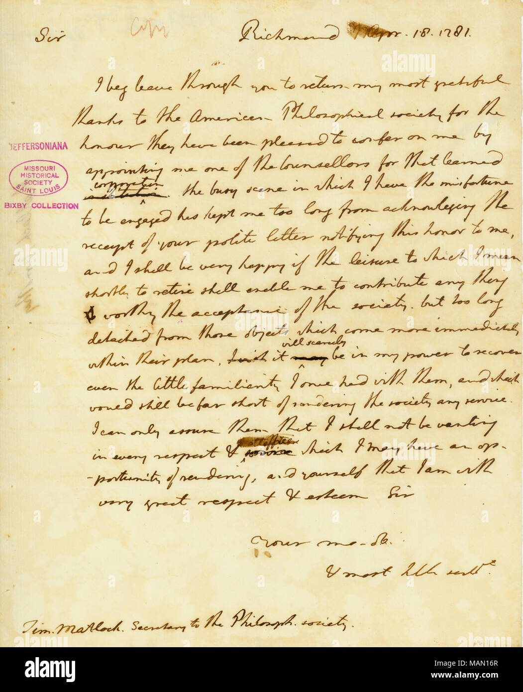 Merci Matlock, secrétaire de l'American Philosophical Society, pour nommer un conseiller. Titre : lettre signée Thomas Jefferson, Richmond, à Timothée Matlock, 18 avril, 1781 . 18 avril 1781. Jefferson, Thomas, 1743-1826 Banque D'Images