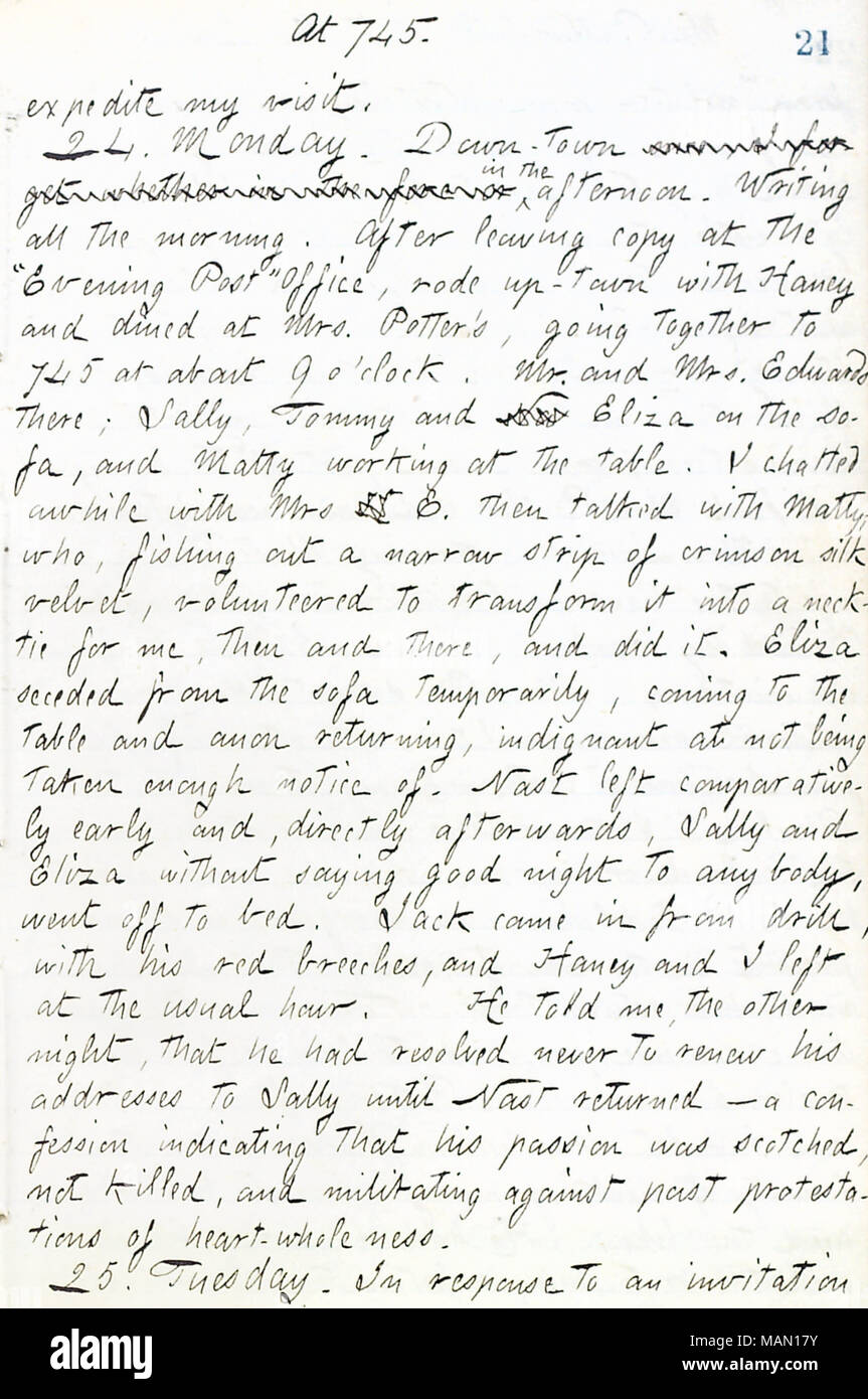 Décrit une visite à la famille Edwards. Titre : Thomas Butler Gunn Diaries : Volume 17, page 28, 23 juin 1861 . 23 juin 1861. Gunn, Thomas Butler, 1826-1903 Banque D'Images
