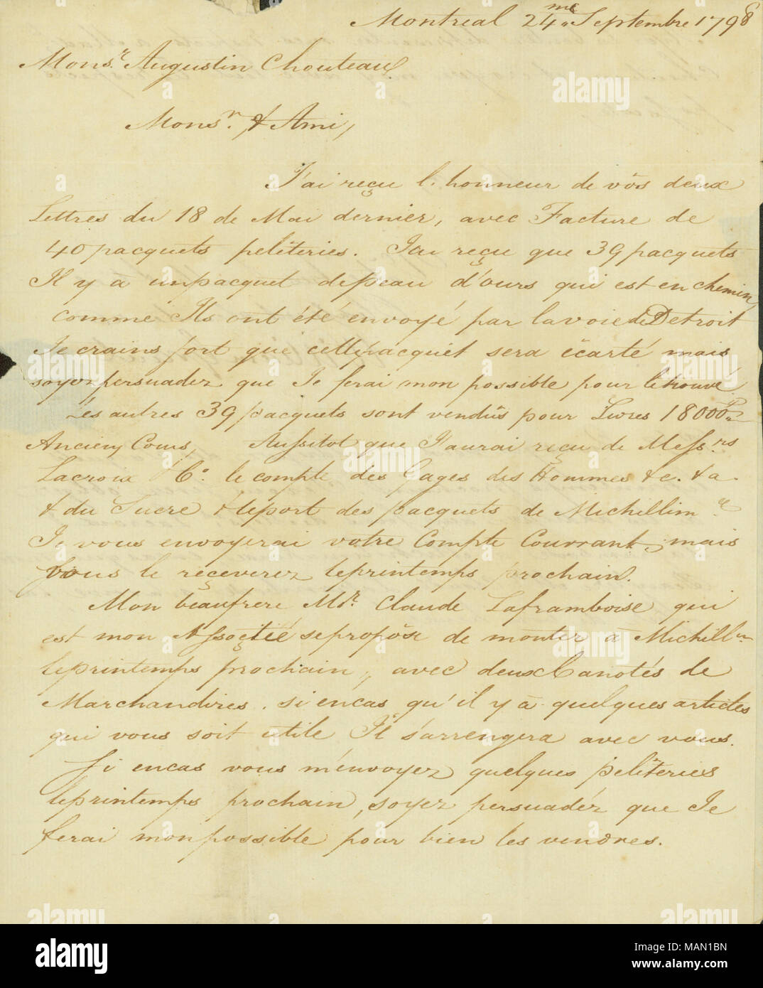 Concernant les questions ayant à voir avec le commerce des fourrures. Titre : lettre signée William Grant, Montréal, à Augustin Chouteau [Auguste Chouteau], le 24 septembre 1798 . 24 septembre 1798. Grant, William Banque D'Images