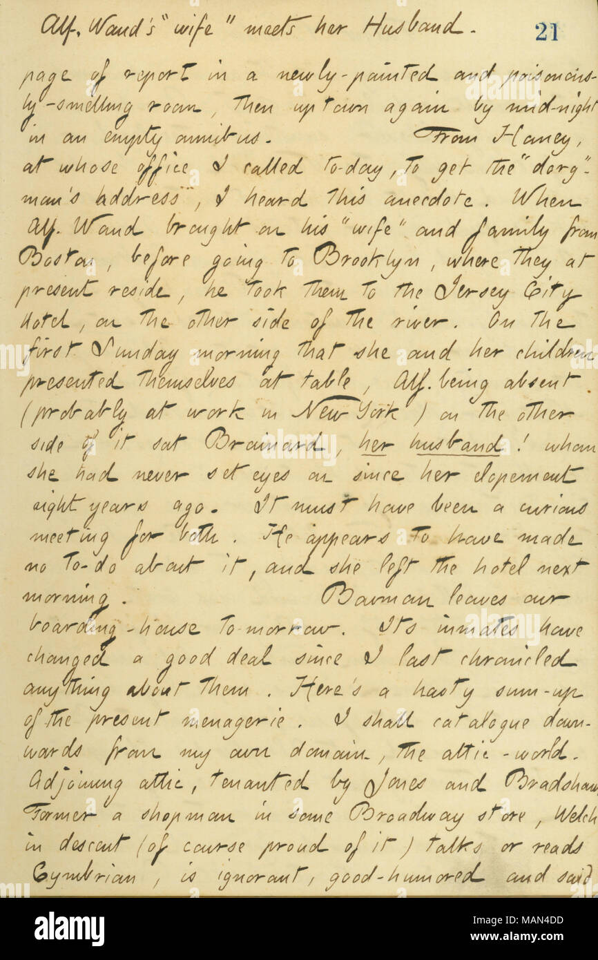 Audience Mentions de Jesse Haney comment Alfred Waud a rencontré l'épouse de son ex-mari de manière imprévue lors d'un séjour à l'hôtel de Jersey City. Titre : Thomas Butler Gunn Diaries : Volume 14, page 25, 4 octobre 1860 . 4 octobre 1860. Gunn, Thomas Butler, 1826-1903 Banque D'Images