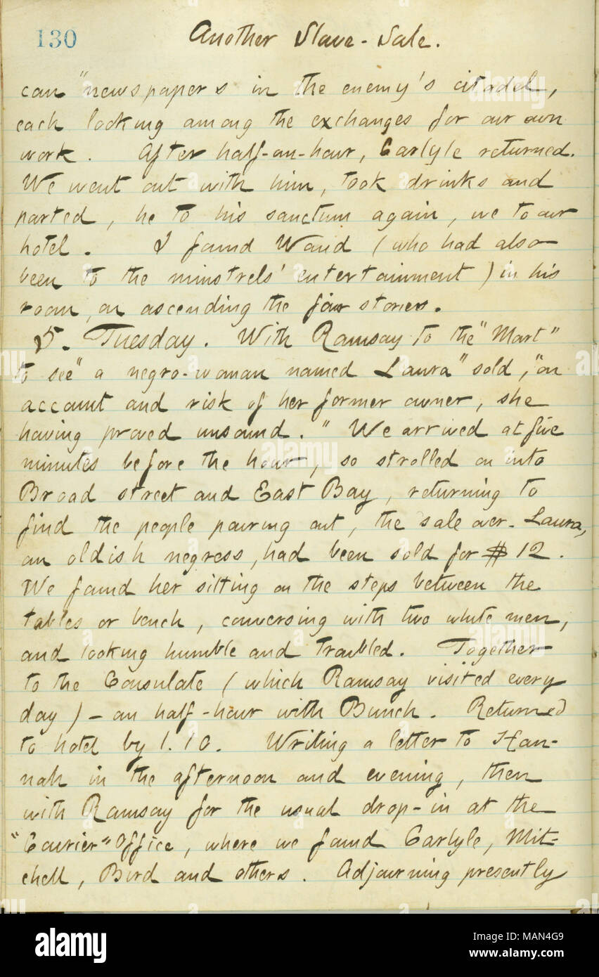 Mentionne une autre vente aux enchères d'esclaves dans lequel une esclave nommée Laura a été vendu pour $12. Titre : Thomas Butler Gunn Diaries : Volume 15, page 140, 4 février 1861 . 4 février 1861. Gunn, Thomas Butler, 1826-1903 Banque D'Images