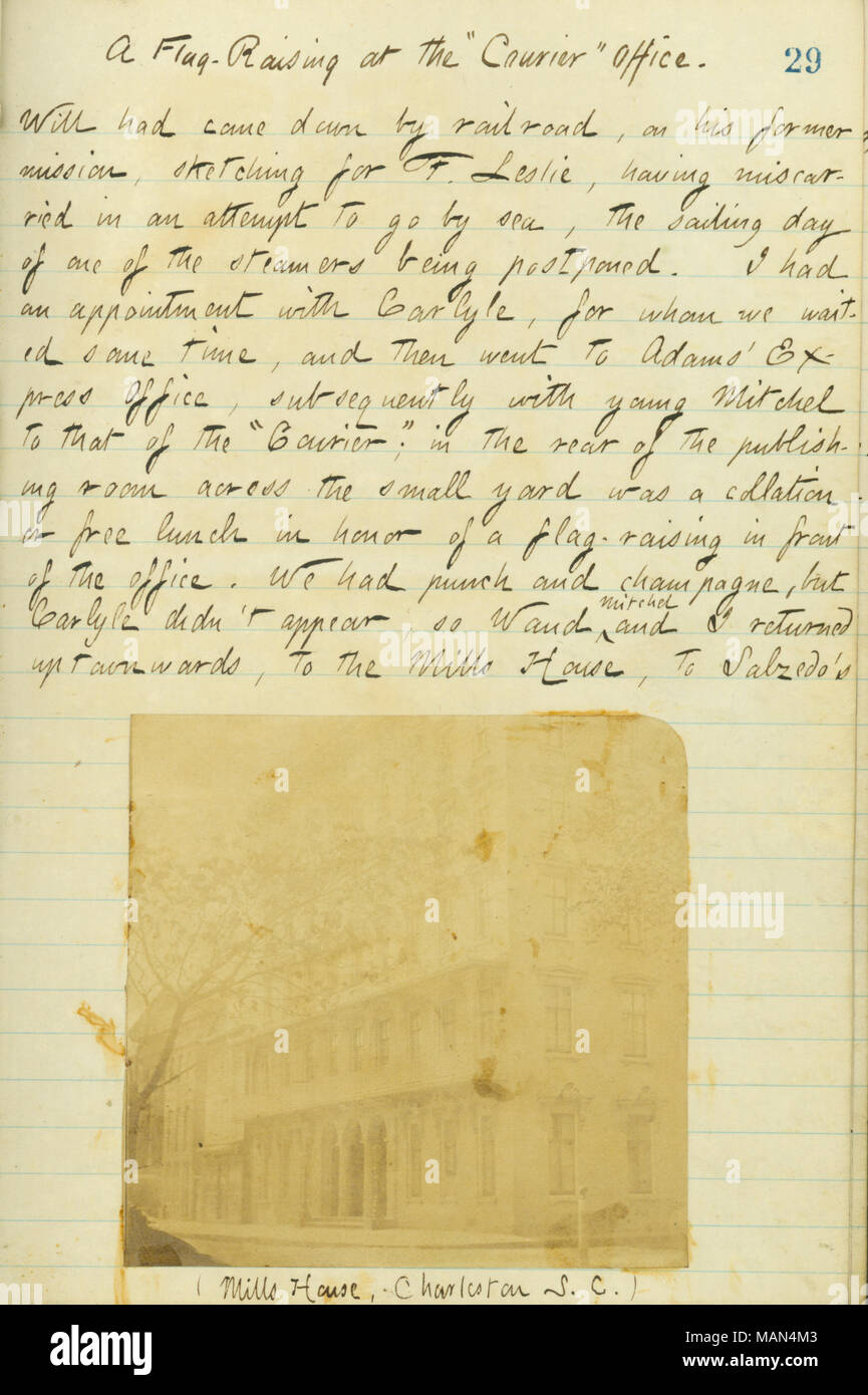 Décrit un lever des couleurs en face de l'office du Courrier de Charleston. Titre : Thomas Butler Gunn Diaries : Volume 15, page 36, Janvier 5, 1861 . 5 janvier 1861. Gunn, Thomas Butler, 1826-1903 Banque D'Images