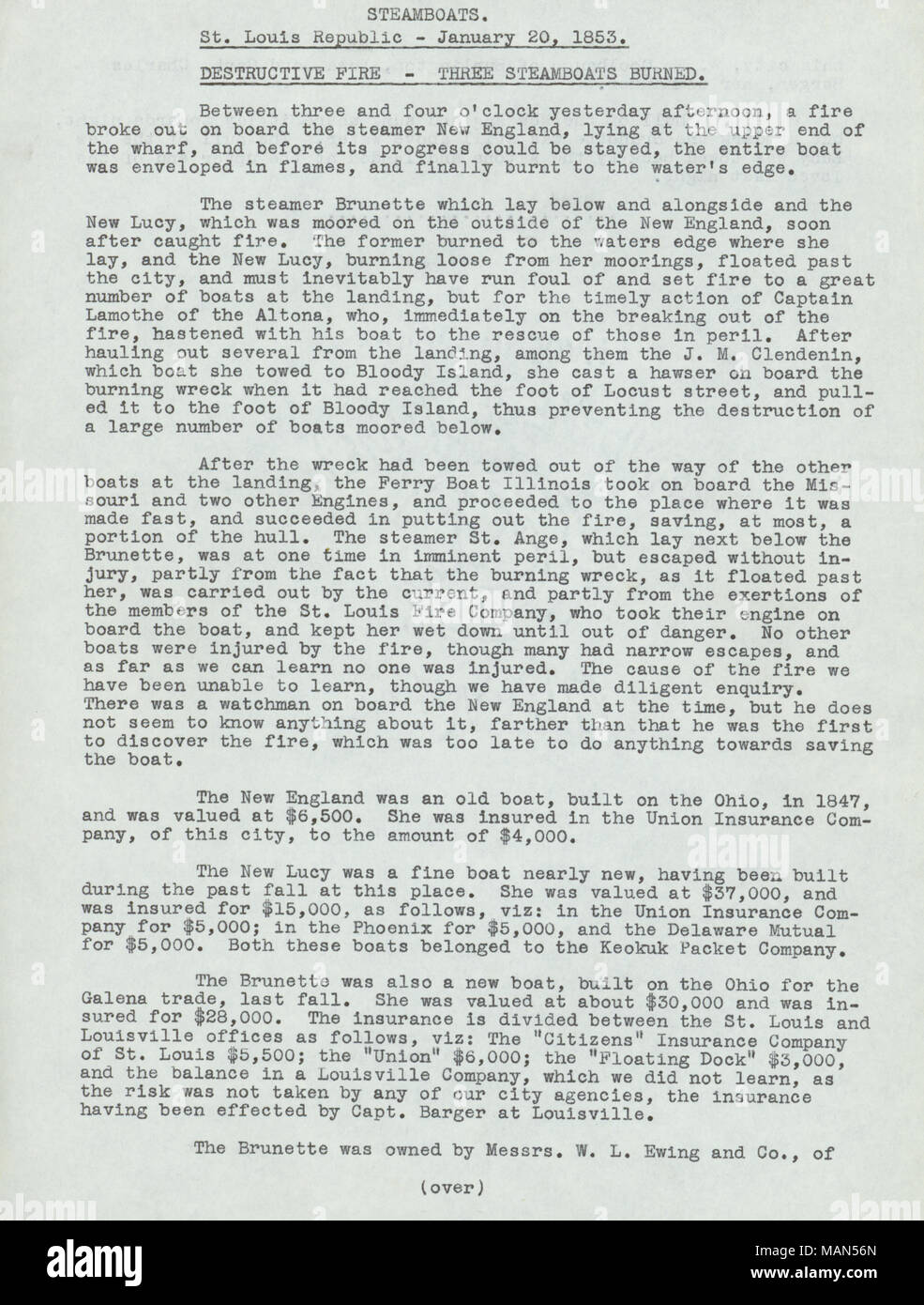 Sur le feu destructeur décrit St. Louis riverfront : trois bateaux à vapeur brûlé--Brunette, Nouvelle Lucy, et la Nouvelle Angleterre. Titre : Écrire copie de 'St. Louis République' article 20 JANVIER 1853 . 20 janvier 1853. Banque D'Images