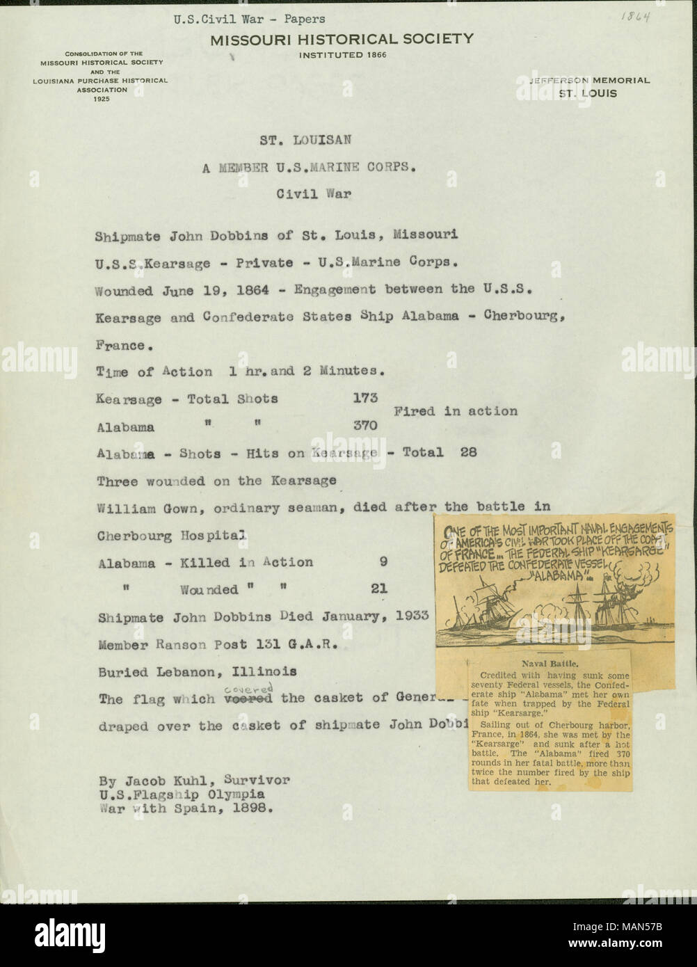 Compilé par Jacob Kuhl. Titre : écrire des notes sur le service de Saint John Louisian Dobbins, un compagnon sur le U.S.S. Kearsarge, 1898 . 1898. Kuhl, Jacob, 1876-1951 Banque D'Images