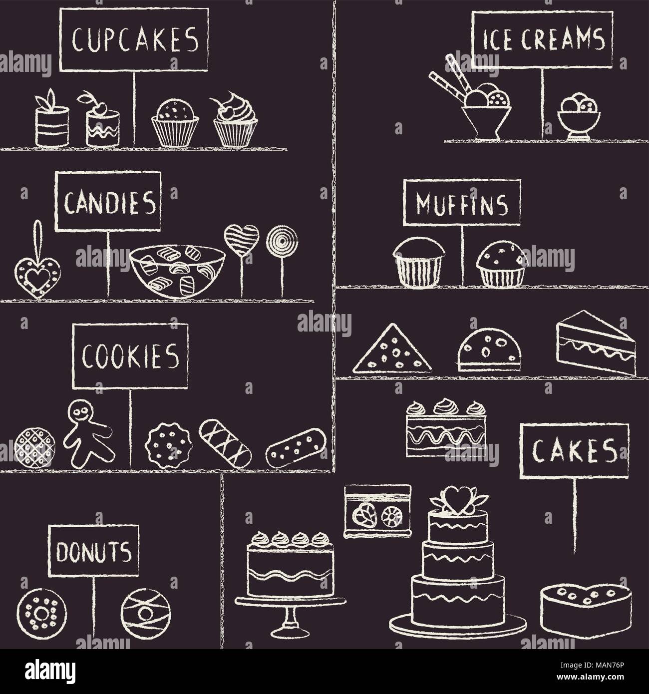 Différents gâteaux et bonbons, la craie sur tableau noir. Illustration de Vecteur