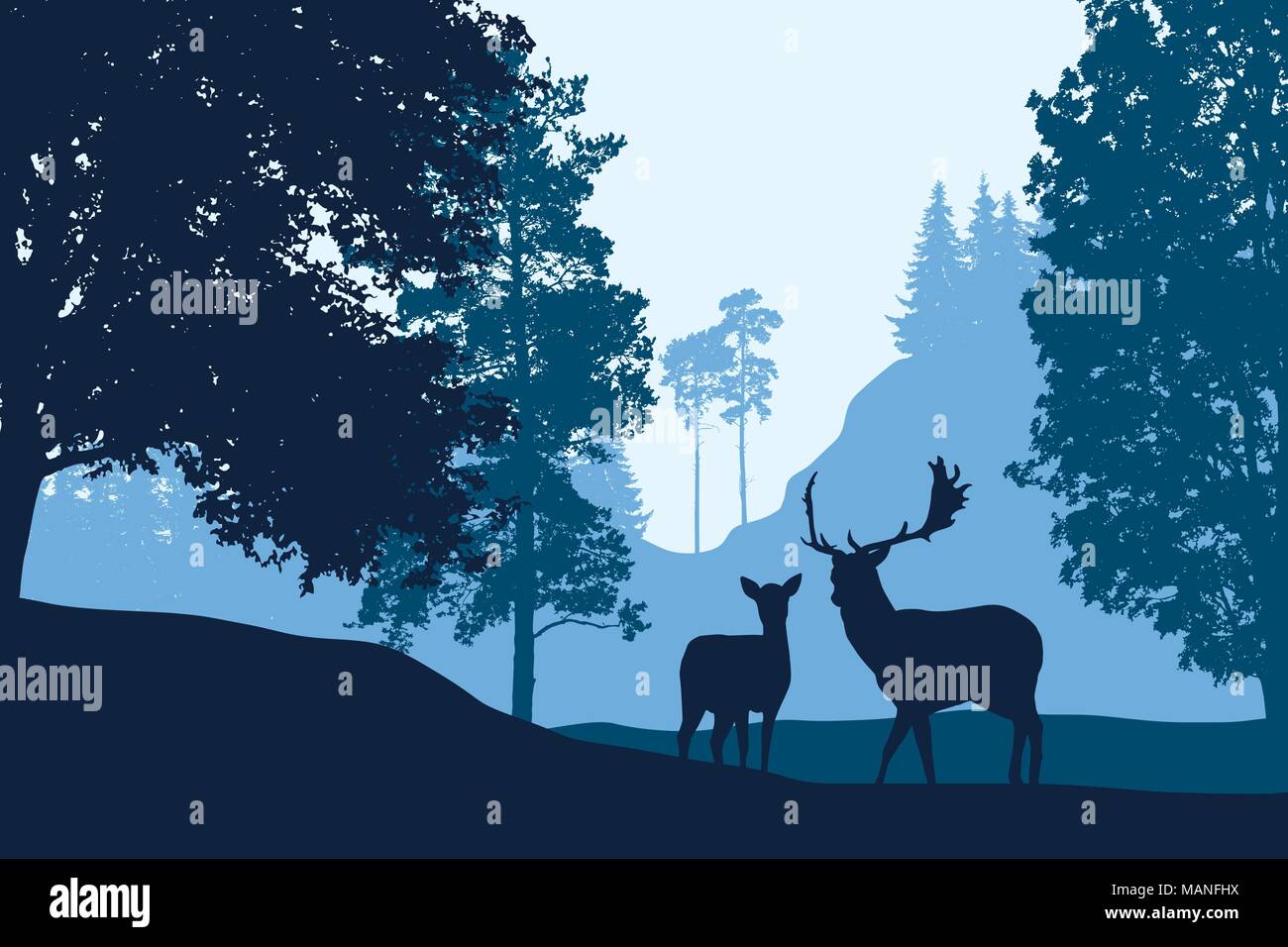 Cerfs et permanent entre les arbres en arrière paysage avec colline sous le ciel bleu - vector Illustration de Vecteur