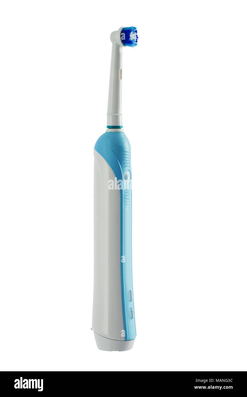 Nouvelle brosse à dents électrique isolé sur fond blanc Banque D'Images
