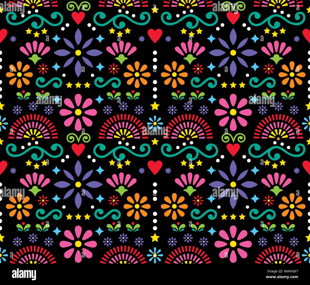 L'art populaire mexicain modèle vectoriel continu, un design coloré de fleurs fond d'écran inspiré de motifs traditionnels du Mexique Illustration de Vecteur