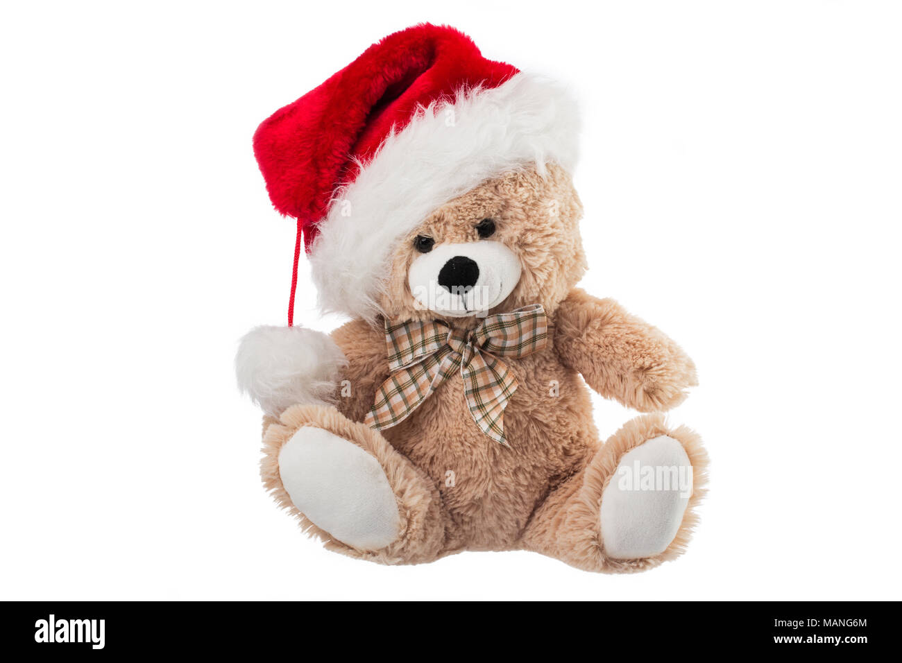 Ours moelleux avec chapeau de Noël isolé sur fond blanc Banque D'Images
