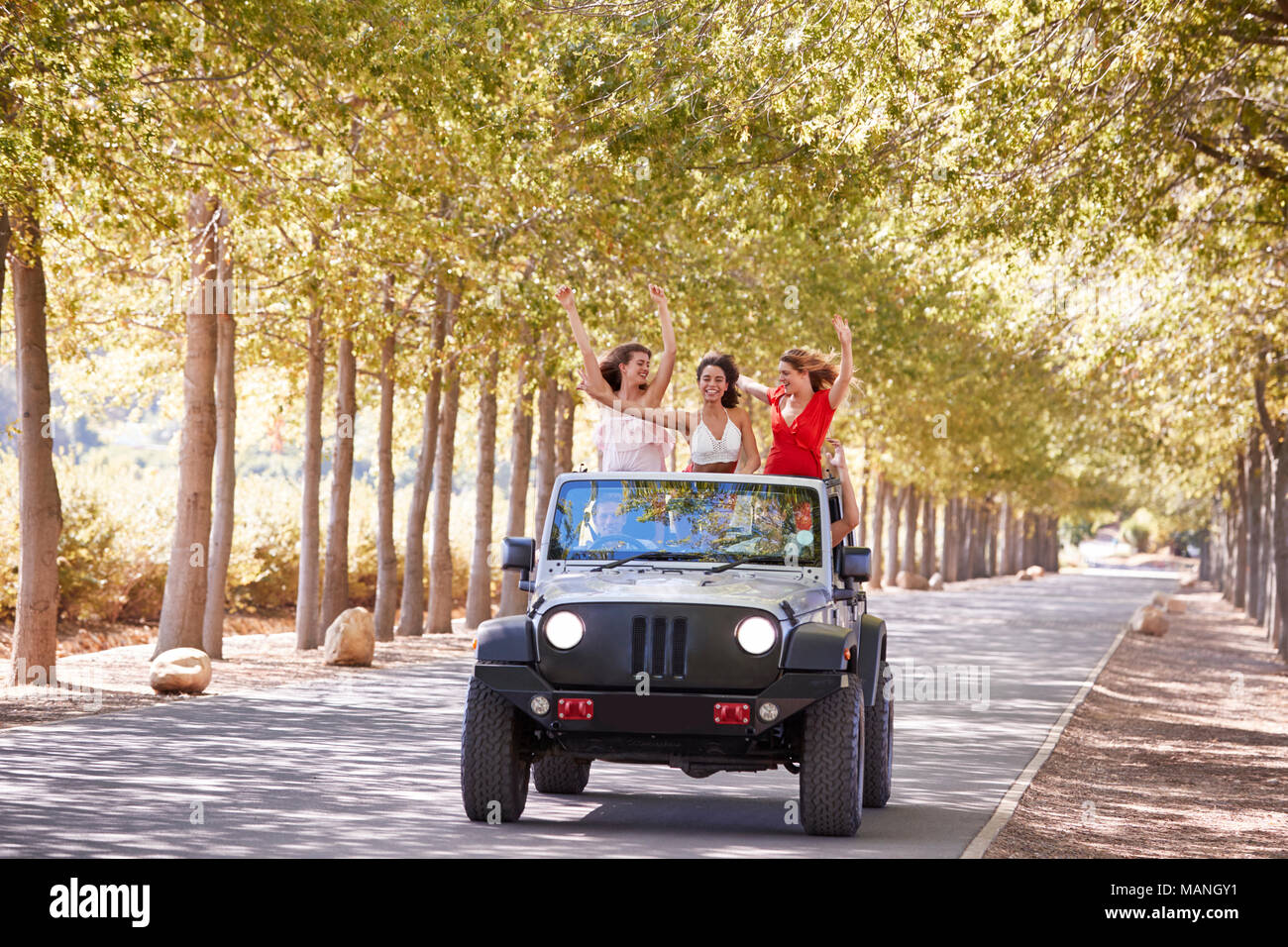 Amies debout à l'arrière d'un jeep à toit ouvert Banque D'Images