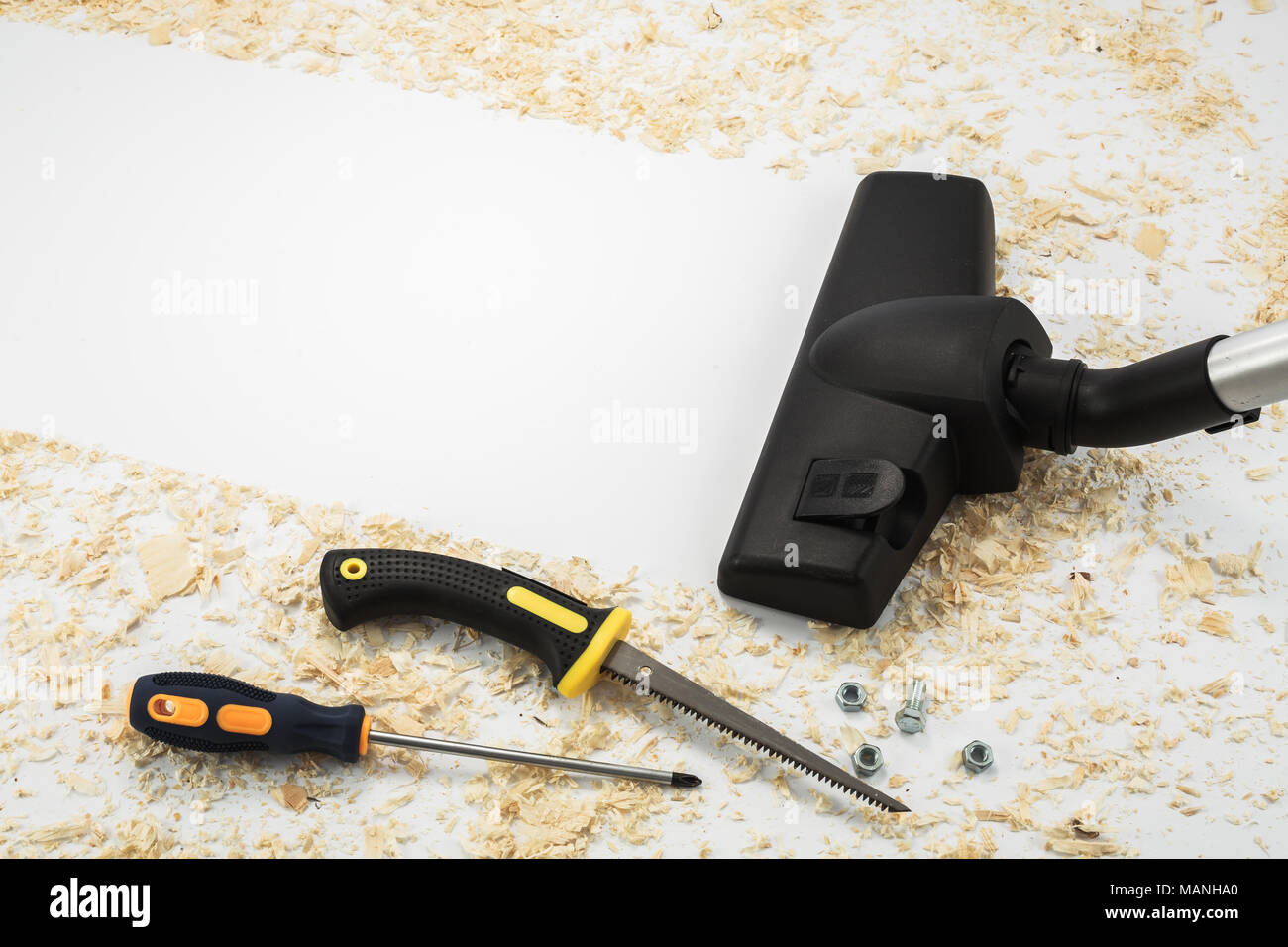 Les constructeurs après le nettoyage à l'aspirateur et copier un texte pour l'espace Banque D'Images