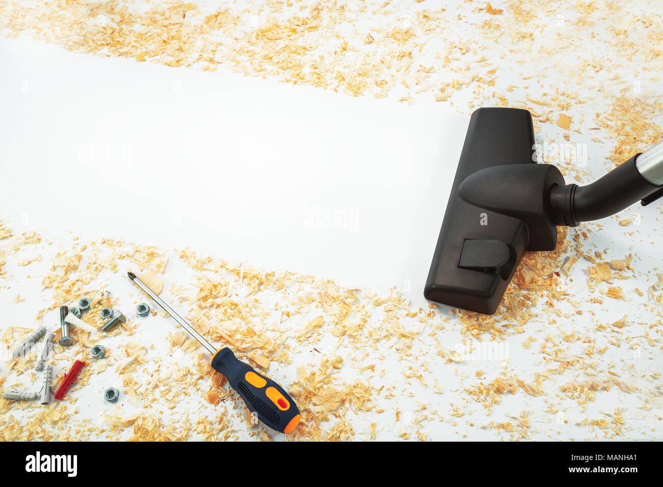 Les constructeurs après le nettoyage à l'aspirateur et copier un texte pour l'espace Banque D'Images