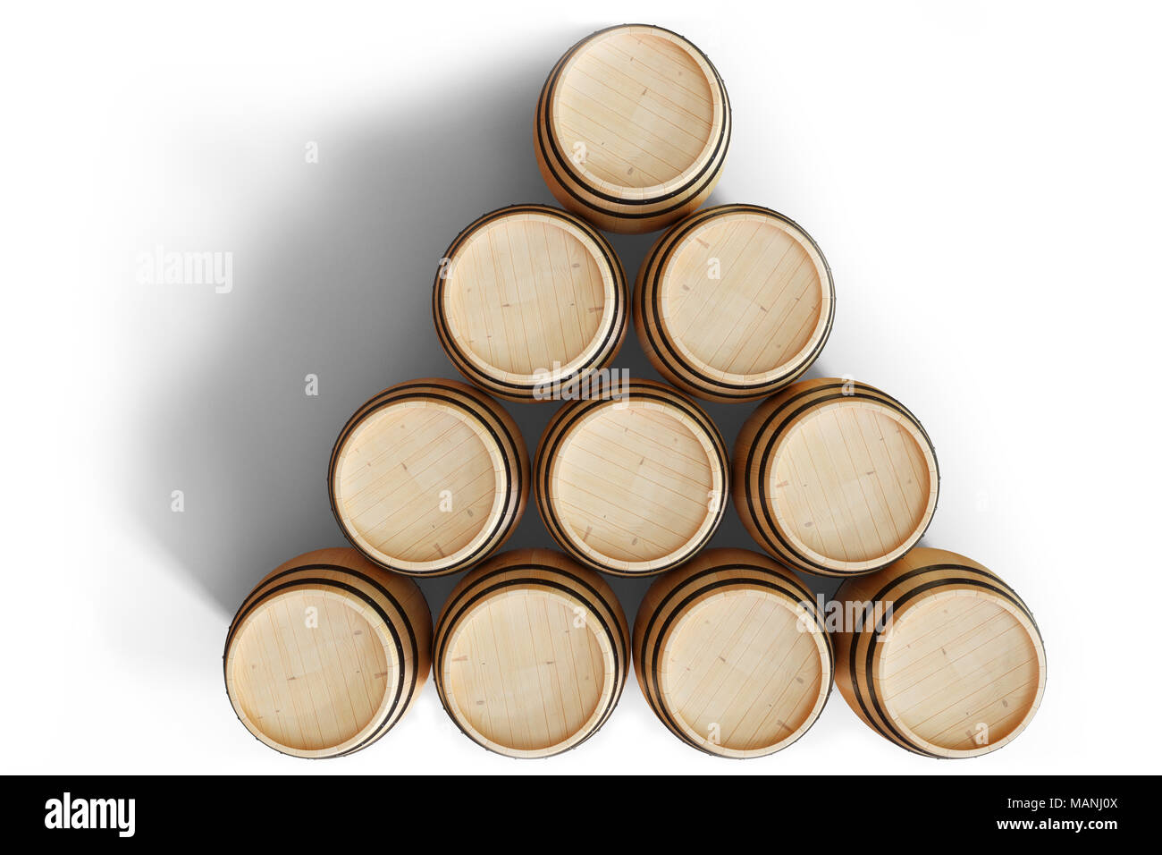 Illustration 3D View top tonneaux en bois, vin isolé sur fond blanc