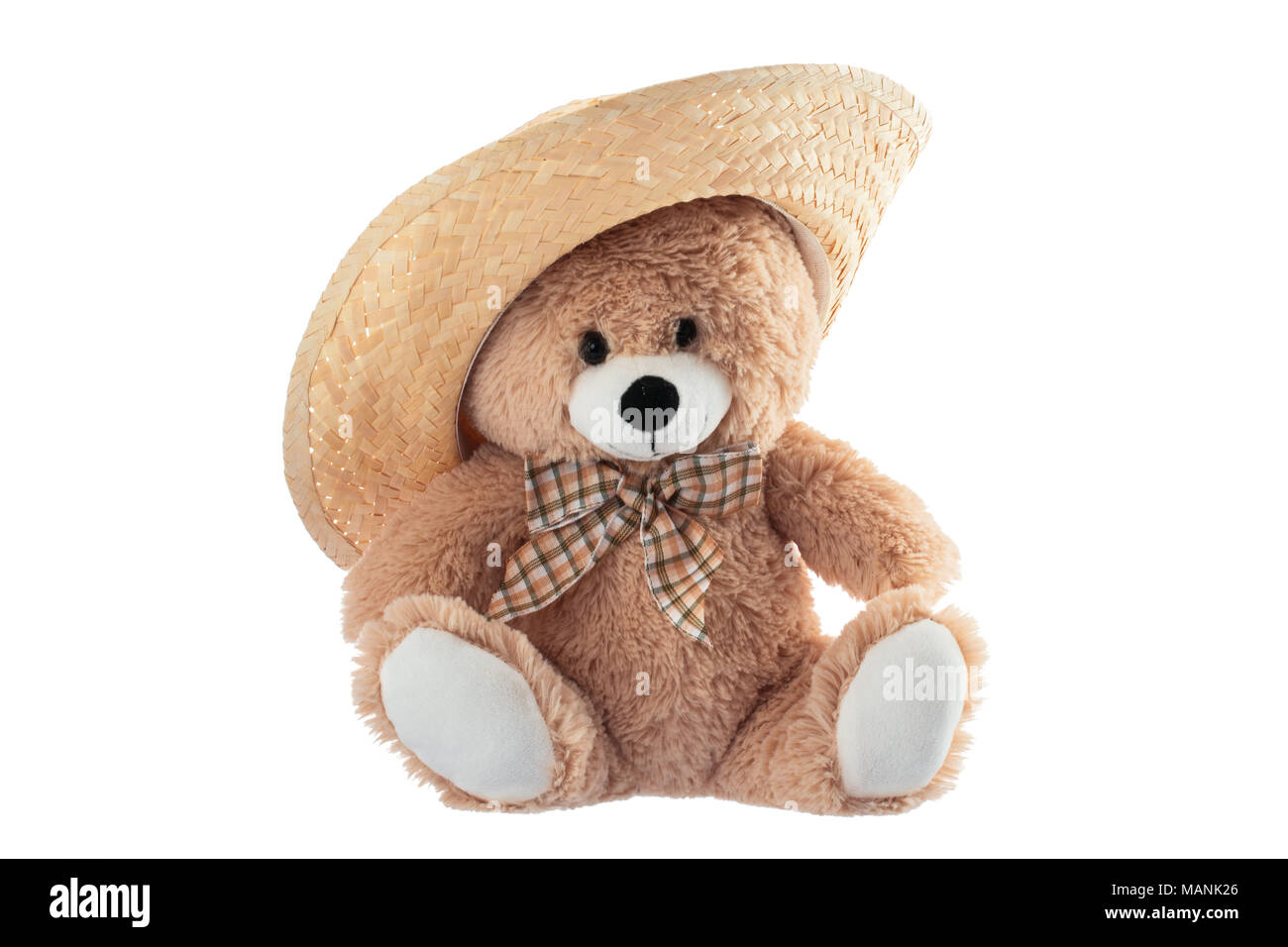 Fluffy teddy bear with straw hat hat isolé sur fond blanc Banque D'Images