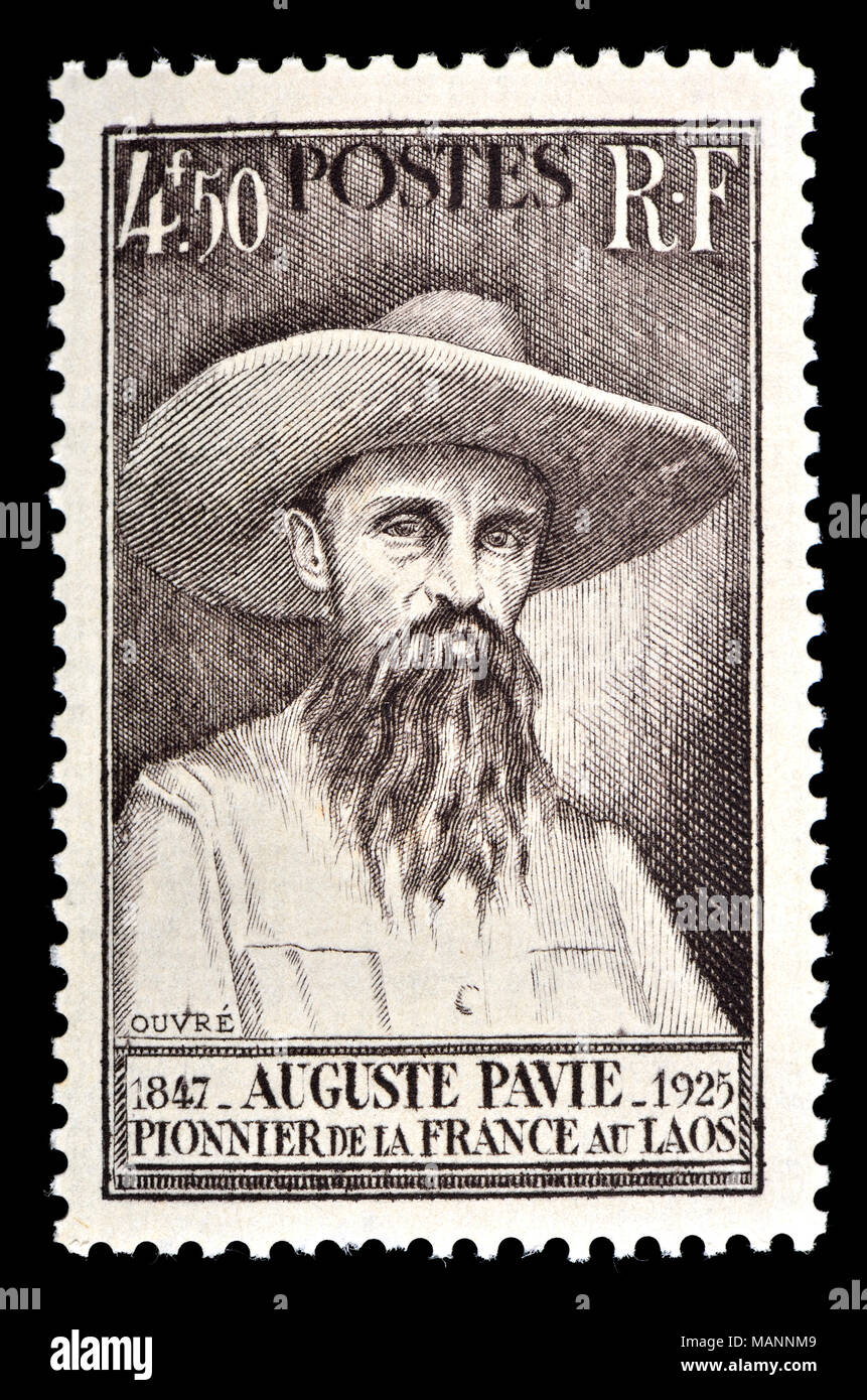 Timbre-poste français (1947) : Jean-Marie Auguste Pavie (1847 - 1925) fonctionnaire colonial français, explorateur et diplomate contribué à l'établissement Banque D'Images