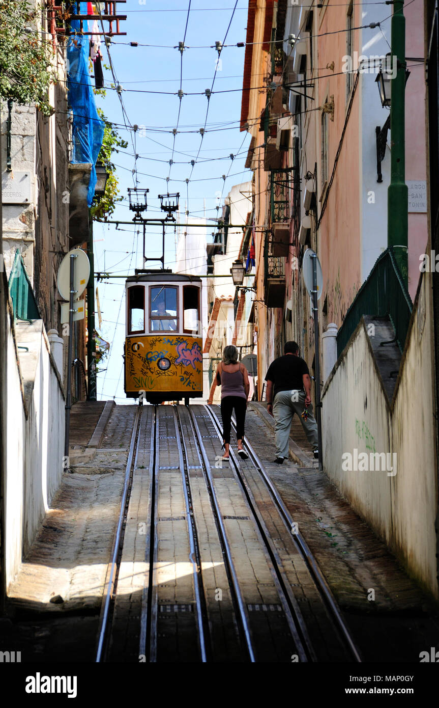 Quartier Bica et tram. Lisbonne, Portugal Banque D'Images