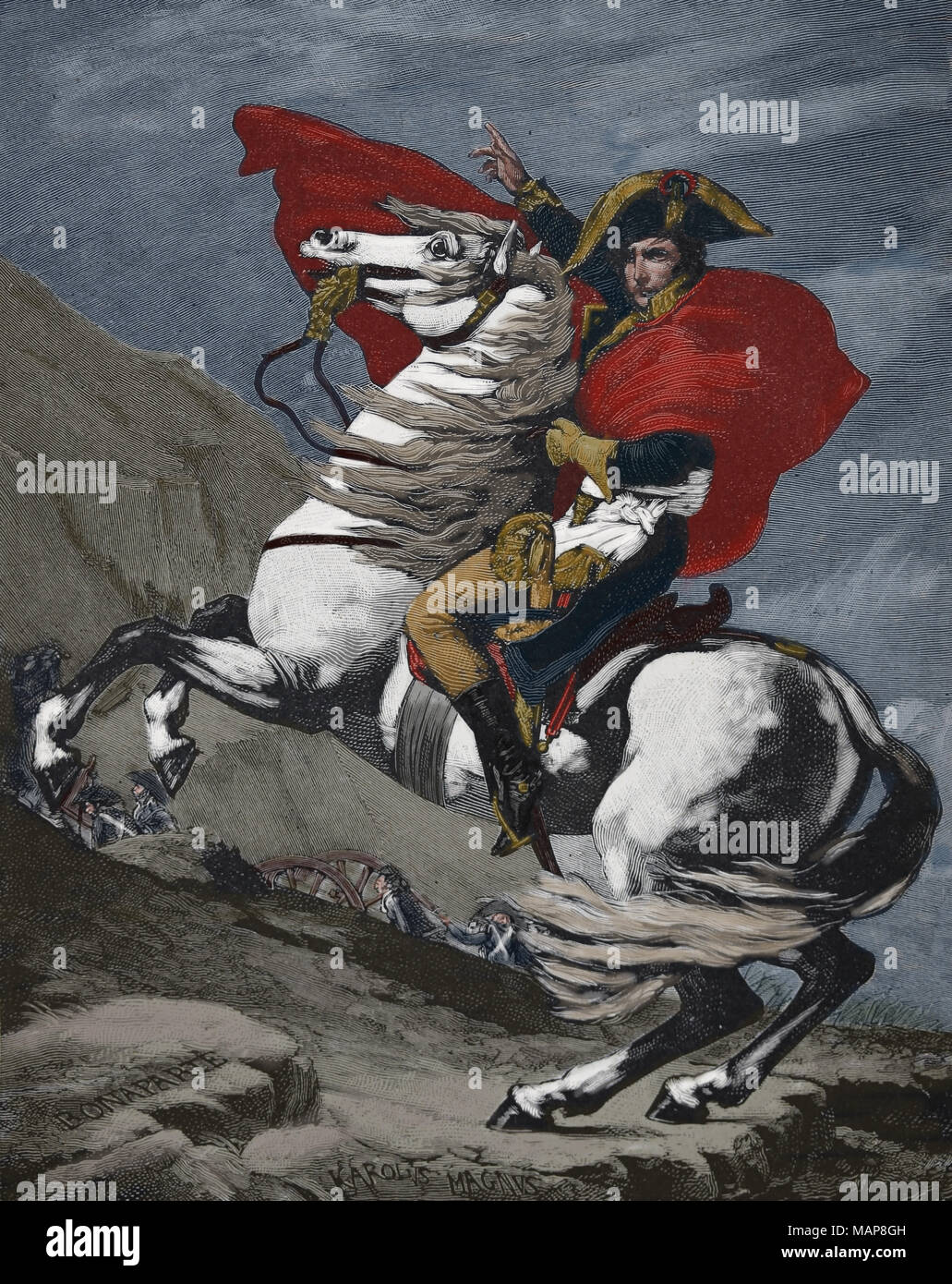 Napoléon Bonaparte (1769-1821) traversée des Alpes. 1800. La guerre de la Révolution française. Gravure extraite d'une peinture Ingres Banque D'Images