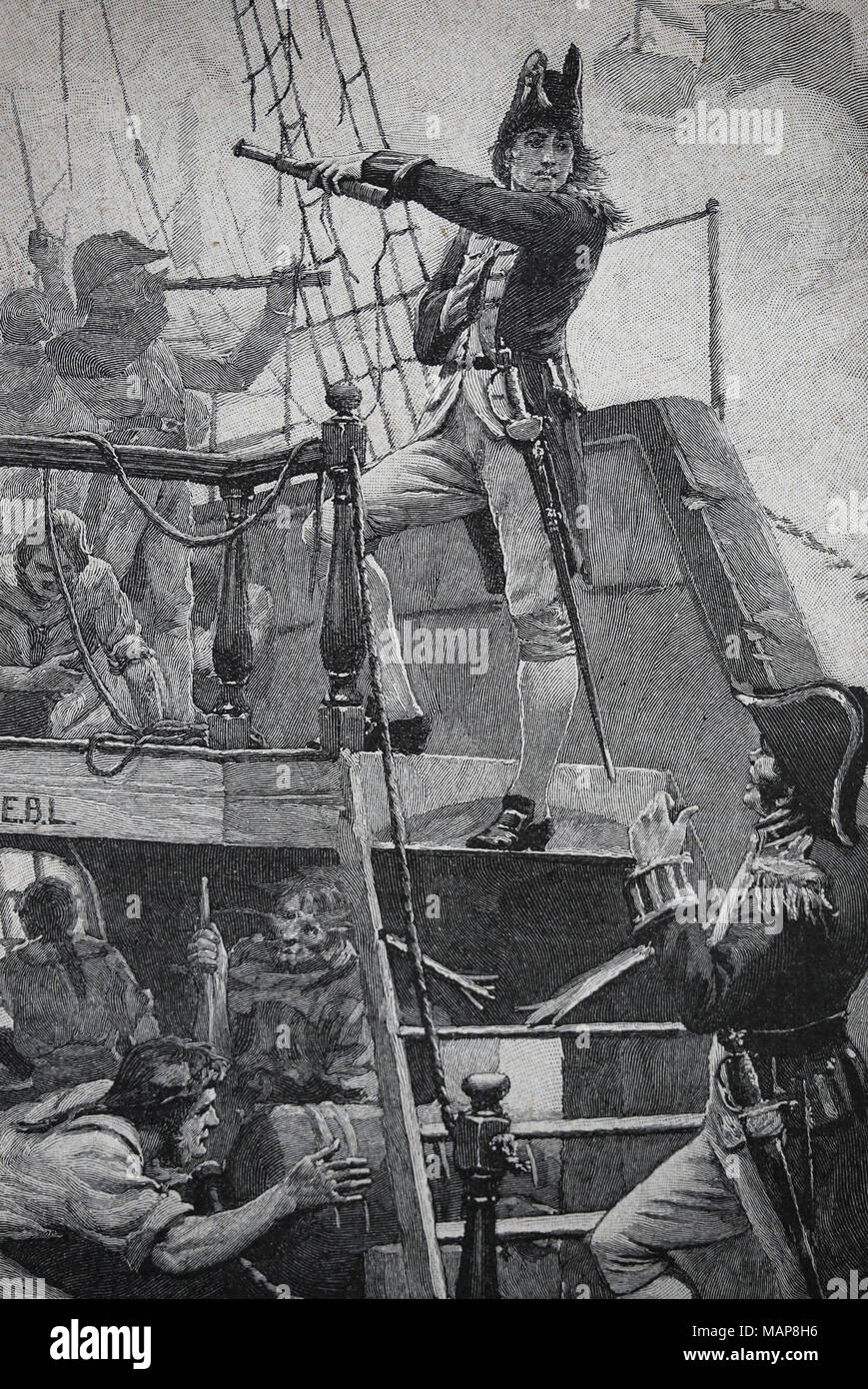 Bataille de Copenhague (1801). Une partie de la guerre de la deuxième Coalition. L'amiral Nelson durant la naval batlle. Gravure, 19e 100. Banque D'Images