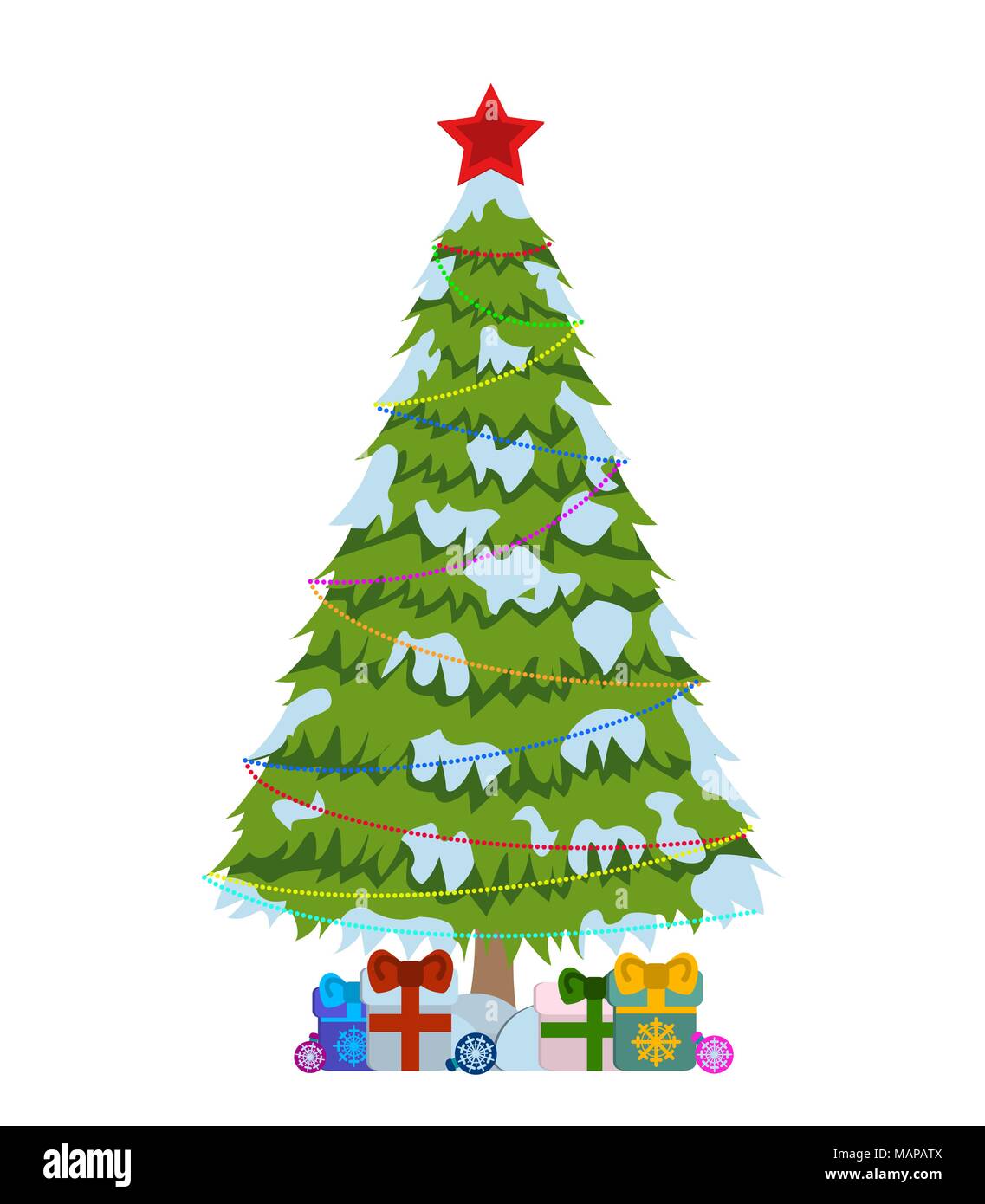 Joyeux Noël tree signe sur fond blanc. Pine Tree avec voyants de couleur d'un logo. Vector Illustration. Illustration de Vecteur