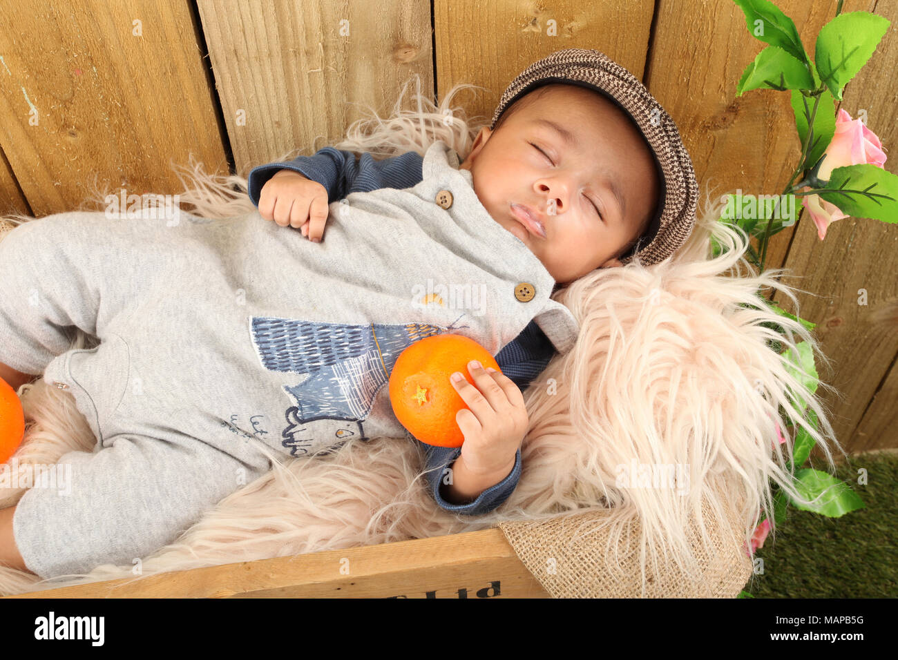 10 semaine bébé ethnique garçon endormi dans le secteur des fruits fort Banque D'Images