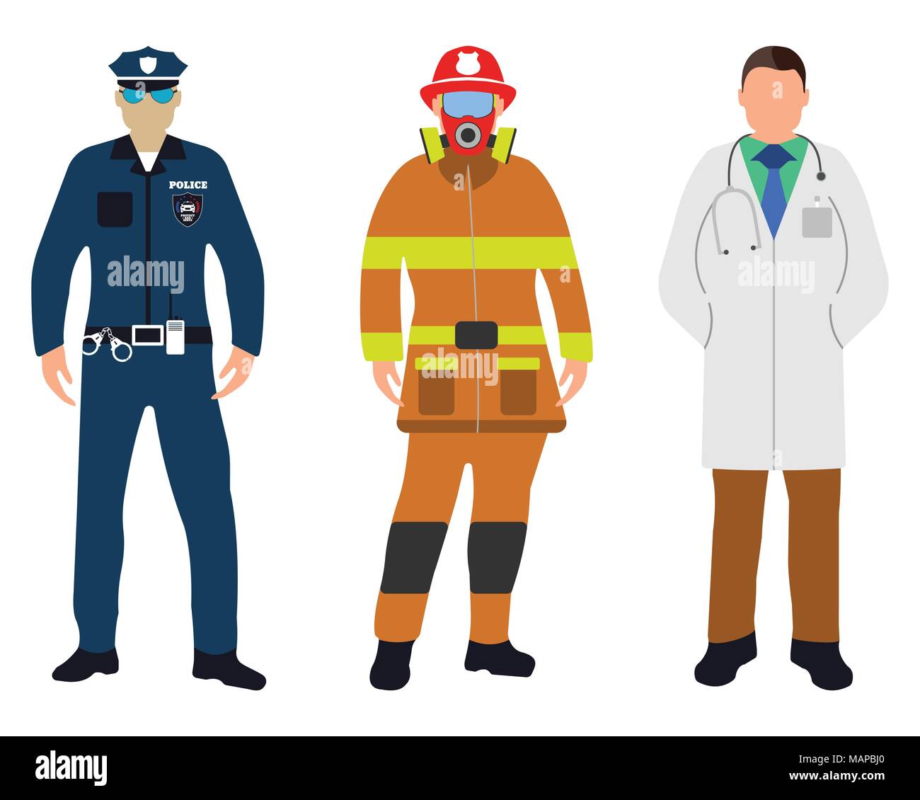 Ensemble de policier, médecin, pompier, télévision d'icônes. 911 Service. Cartoon Vector illustration. Illustration de Vecteur