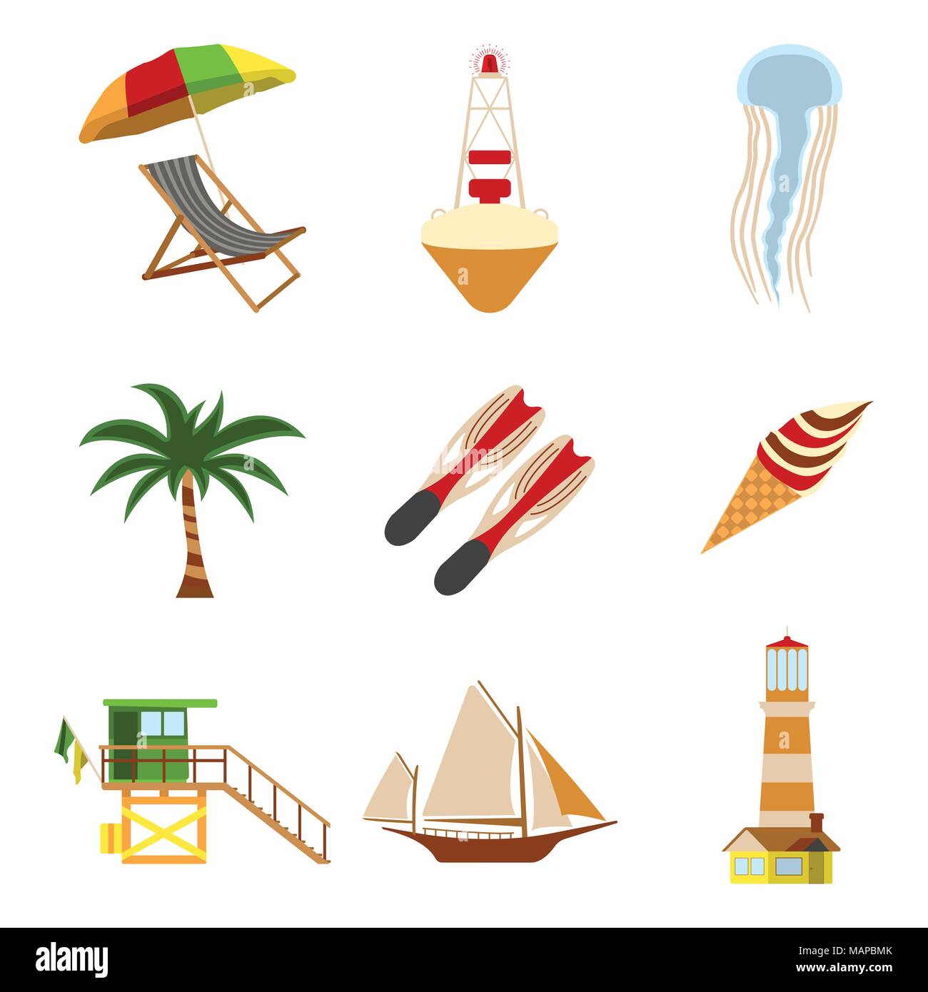 Mer et Tourisme télévision icon set. Cartoon Vector illustration. Illustration de Vecteur