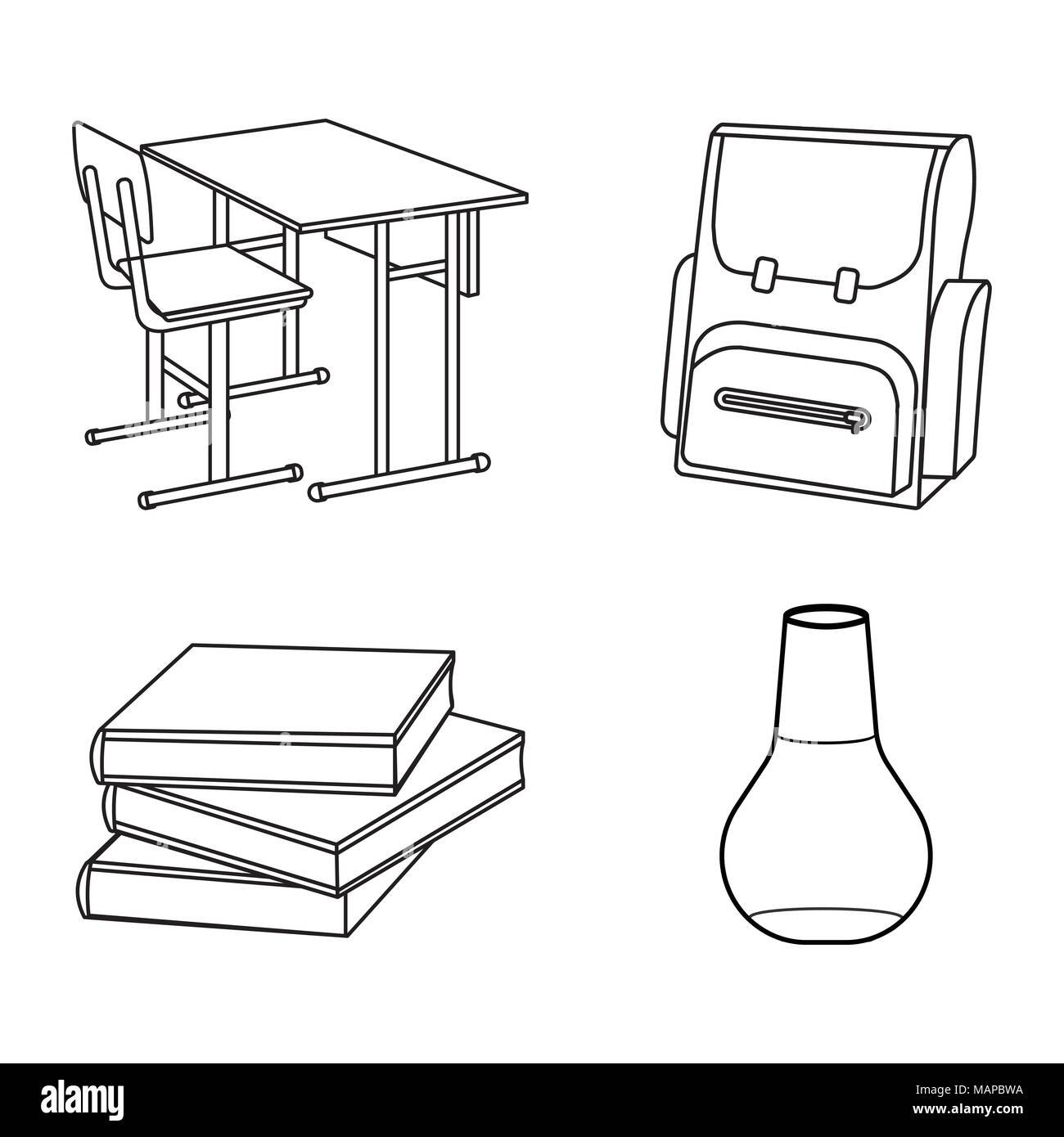 Ensemble de fournitures de l'école sac à dos d'étudiant. Contour Vector illustration. Illustration de Vecteur