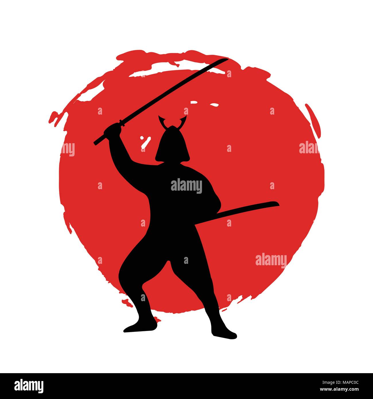 Samurai Warrior Silhouette sur lune rouge et fond blanc. Vector illustration isolé. Illustration de Vecteur