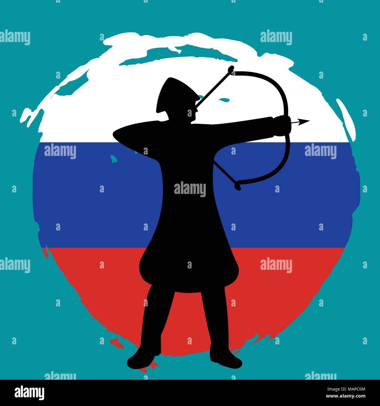 Archer Guerrier Silhouette sur fond d'un drapeau de la Russie. Vector illustration isolé. Illustration de Vecteur