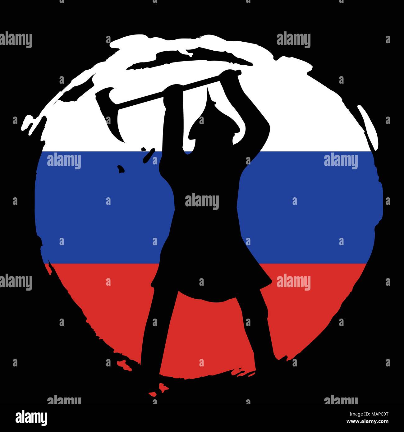 Silhouette de guerrier sur la Russie d'un drapeau et d'arrière-plan noir. Vector illustration isolé. Illustration de Vecteur