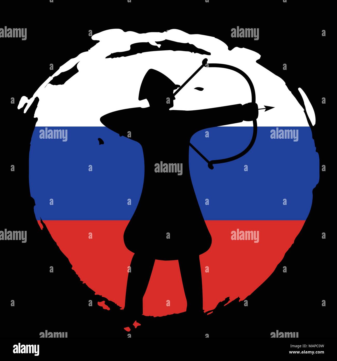 Archer Guerrier Silhouette sur la Russie d'un drapeau et d'arrière-plan noir. Vector illustration isolé. Illustration de Vecteur