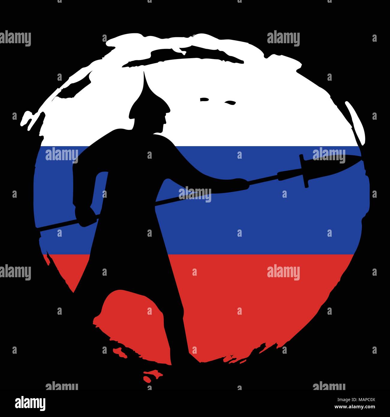 Silhouette de guerrier sur la Russie d'un drapeau et d'arrière-plan noir. Vector illustration isolé. Illustration de Vecteur
