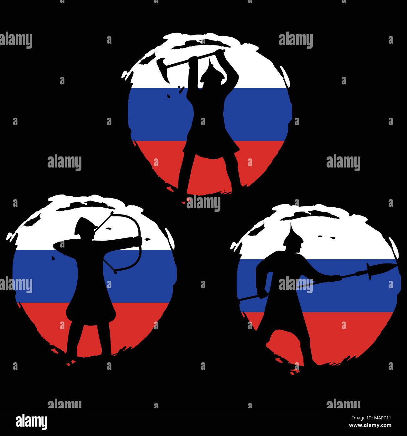 Ensemble de Silhouette de guerrier sur la Russie d'un drapeau et d'arrière-plan noir. Vector illustration isolé. Illustration de Vecteur
