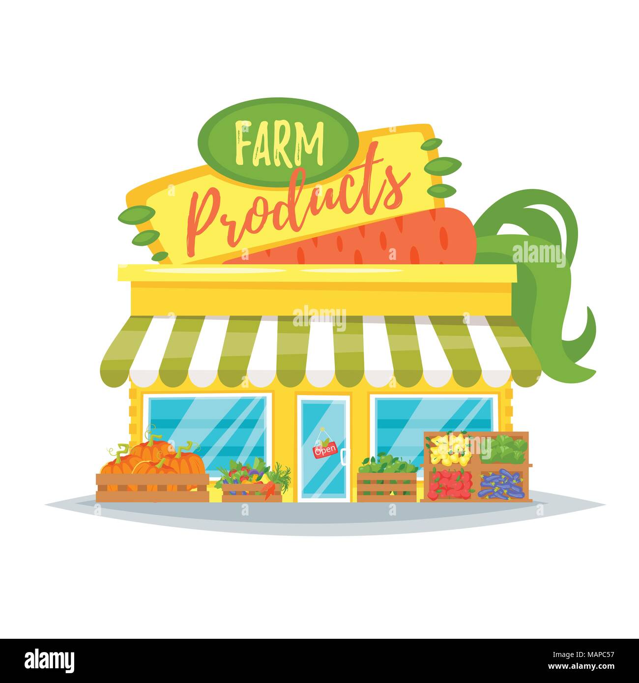 Vector cartoon style illustration du produit agricole shop façade avec bandeau lumineux. Store extérieur de l'immeuble. Isolé sur fond blanc. Showcase prod Illustration de Vecteur