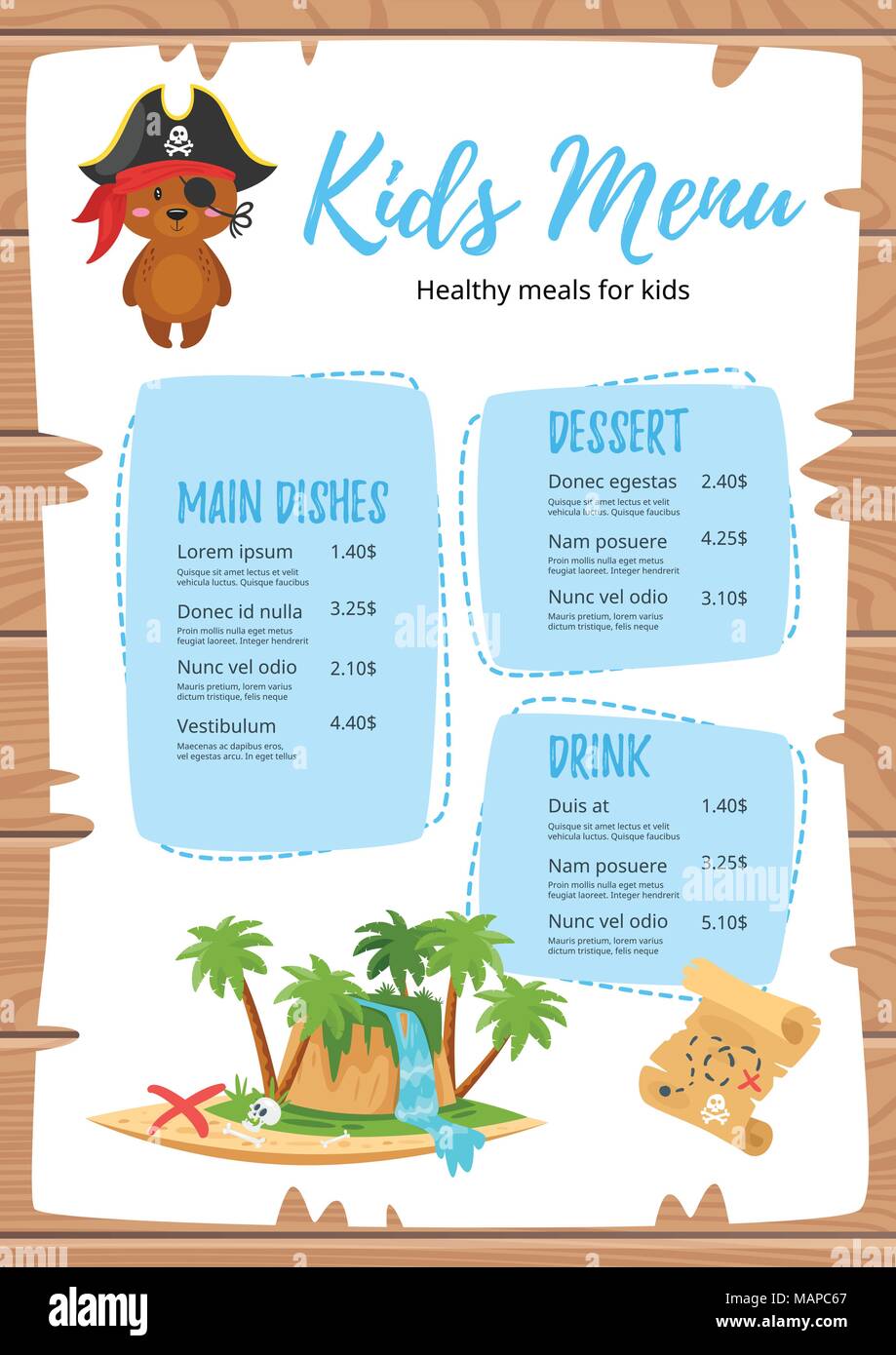 Vector cartoon style design pour enfants menu avec mignon petit personnage-animal en ours pirate costume, carte au trésor et l'île. Repas menu enfant modèle. Woo Illustration de Vecteur