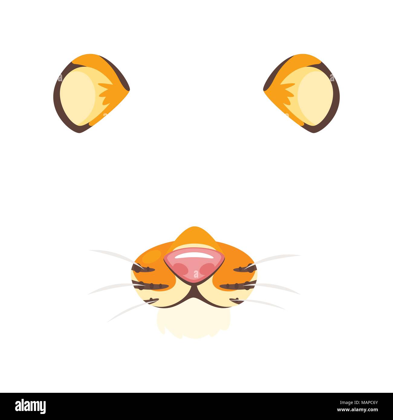 Vector cartoon style cute animal tigre élément face ou masque de carnaval. Élément de décoration pour votre photo et video chat selfies filtre. Les oreilles, le nez et la fourrure. Illustration de Vecteur