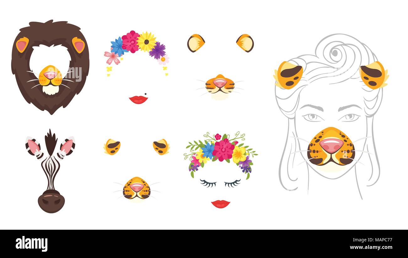 Vector cartoon style animal mignon et femme ensemble d'éléments ou de carnaval, couronne de fleurs, des lèvres. Articles de décoration pour votre photo selfies et vi Illustration de Vecteur