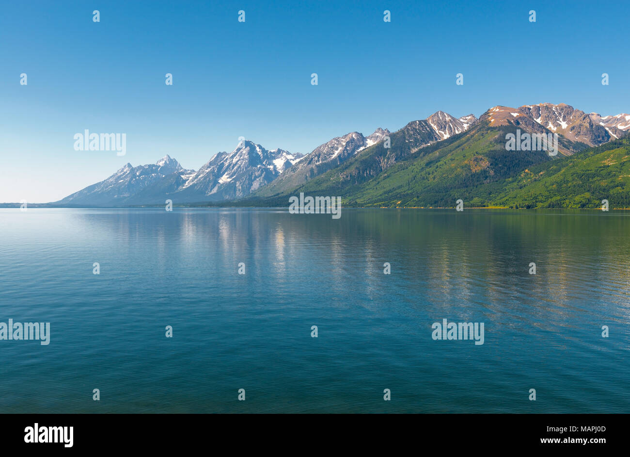 Le Grand Teton range à l'intérieur du parc national de Grand Teton au lever du soleil en été à la frontière avec Yellowstone, Wyoming, USA. Banque D'Images