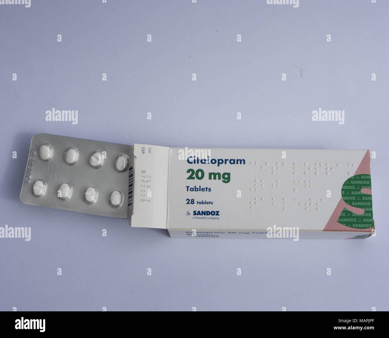 Une boîte d'ISRS (inhibiteurs sélectifs de reuptake) antidressant, médicament Citalopram. Banque D'Images