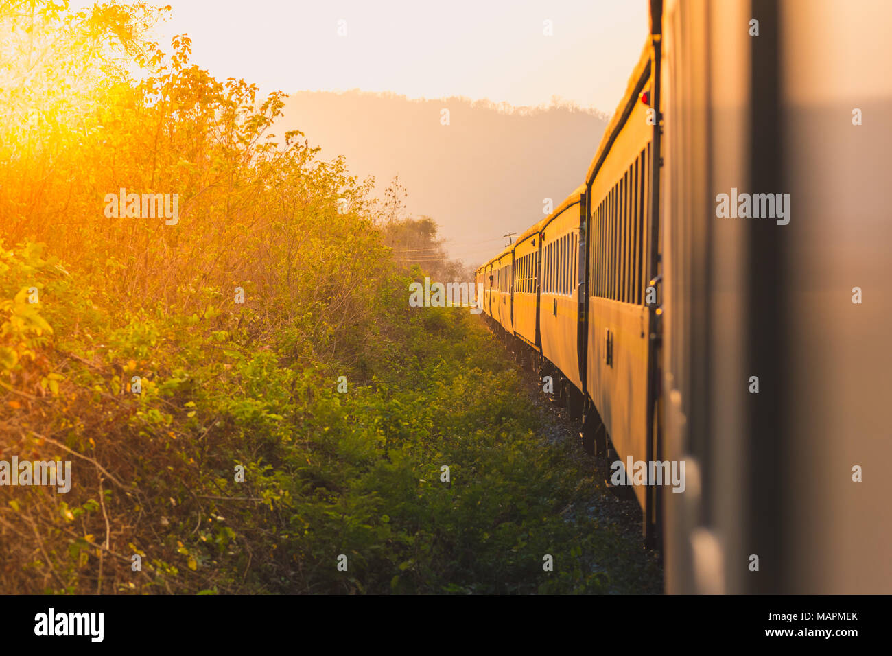 Au coucher du soleil voyage en train. Vue d'un train à partir de la fenêtre d'un train, le soleil couchant dans la gauche parmi la végétation et une lointaine colline rose. Banque D'Images