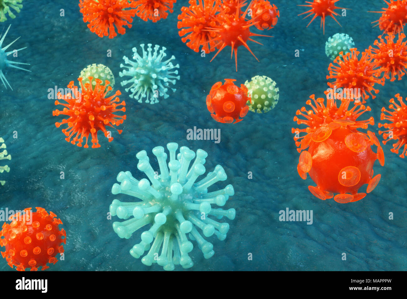 3D illustration des virus pathogènes qui causent l'infection dans l'organisme hôte. L'épidémie de maladie virale. Résumé Contexte Le virus. Virus, bactéries, cellules de l'organisme infecté. Banque D'Images