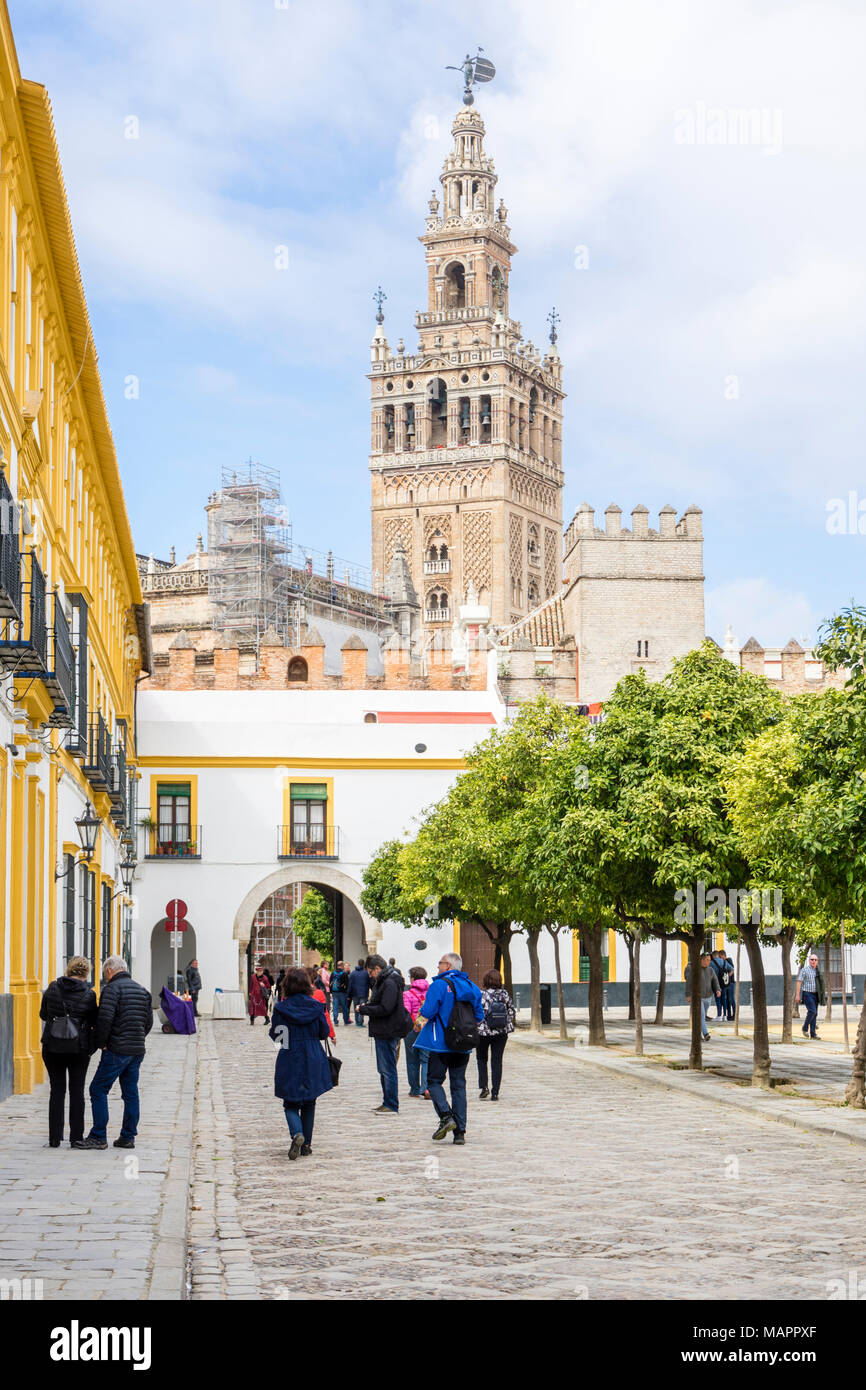 Patio de Banderas plaza (place) avec vue sur la cathédrale de Séville la Giralda dans la ville espagnole de Séville, en 2018, l'Andalousie, Espagne Banque D'Images