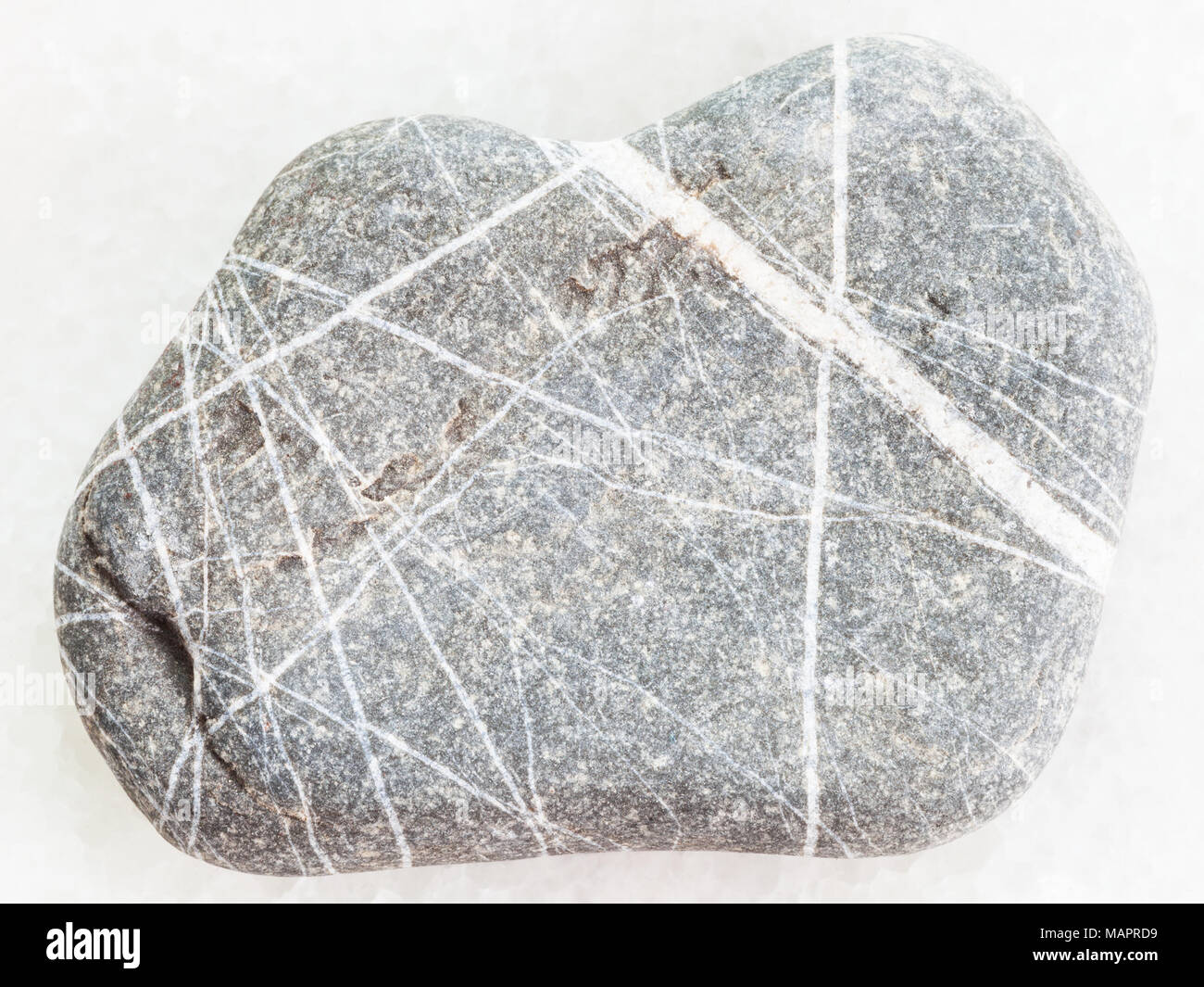La prise de vue macro des eaux minérales naturelles rock specimen - grès grauwacke sur fond de marbre blanc Banque D'Images