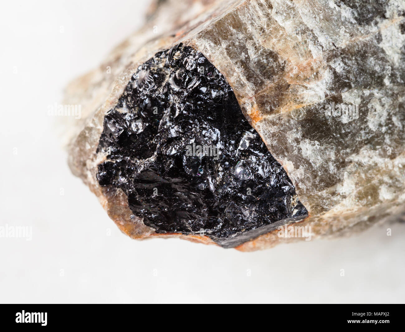 La prise de vue macro des eaux minérales naturelles et de l'ilménite noire - spécimen de roche close up dans les néphéline pierre sur du marbre blanc contexte de Krasnoyarsk K Banque D'Images