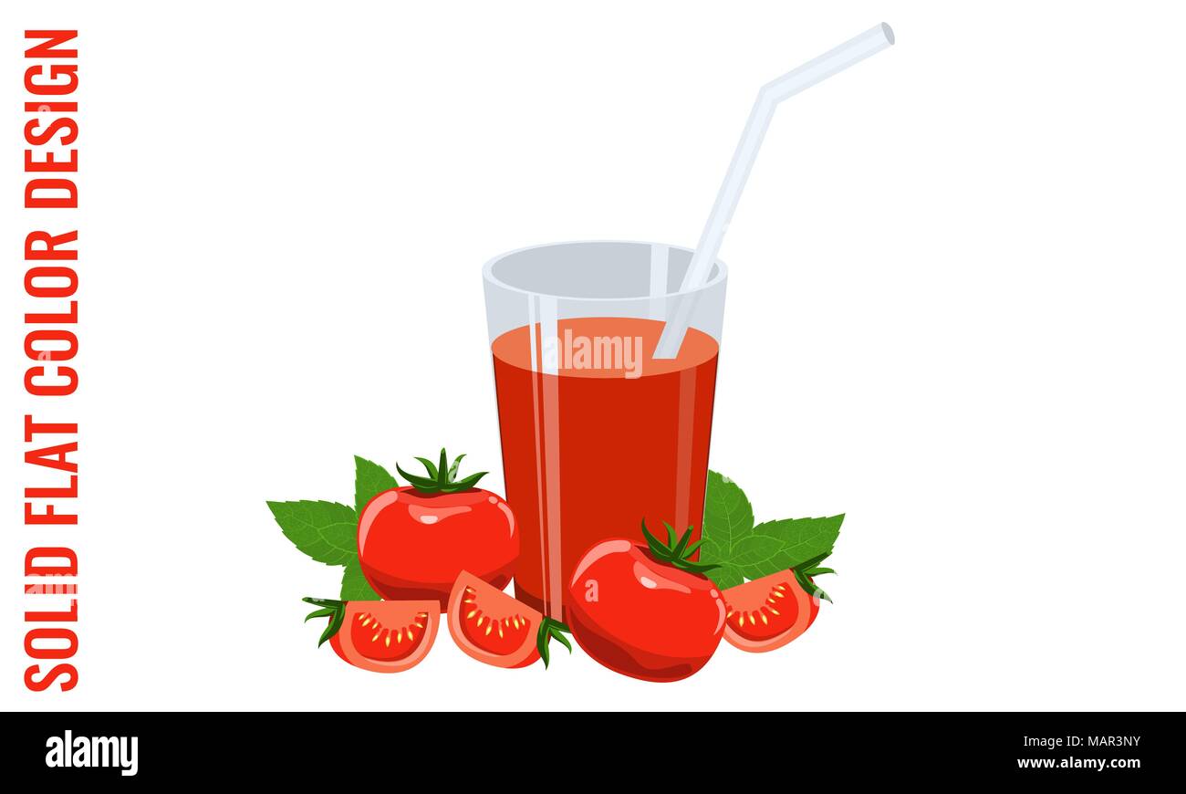 Verre de jus de tomate, tomates et basilic. Télévision couleurs vecteur Illustration de Vecteur