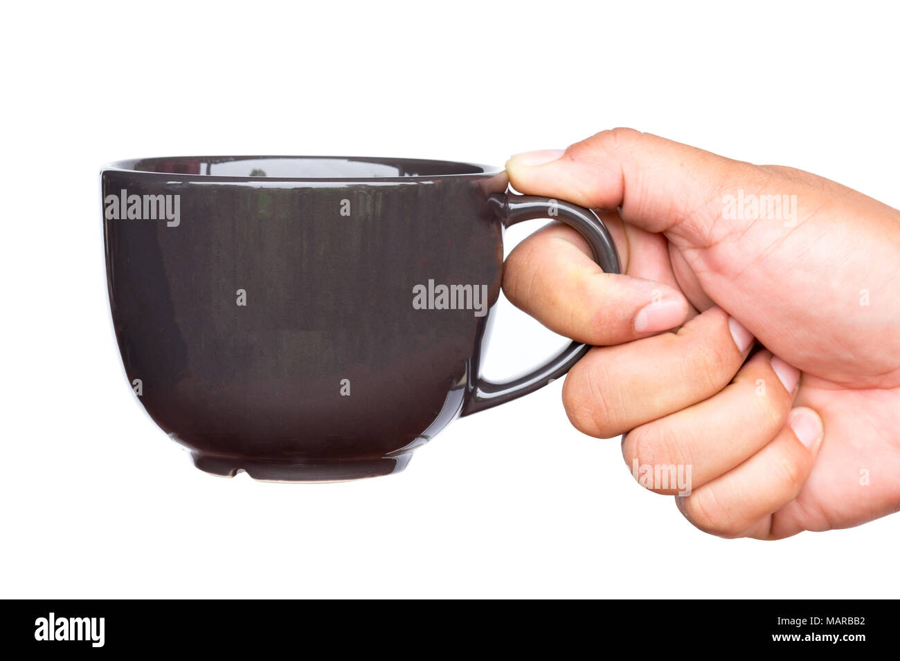 Close up of hand holding Coffee cup sur fond blanc. Banque D'Images