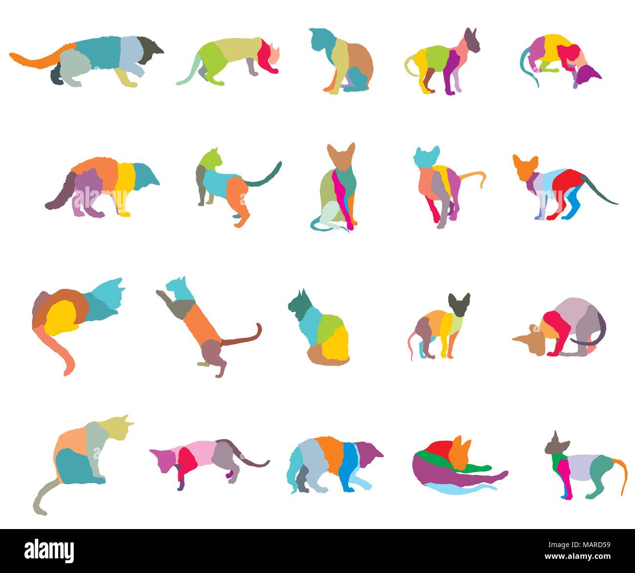 Ensemble de la mosaïque colorée des chats de races différentes silhouettes (assis, debout, couché, jouant) isolé sur fond blanc. Vector illustration. Partie 3 Illustration de Vecteur