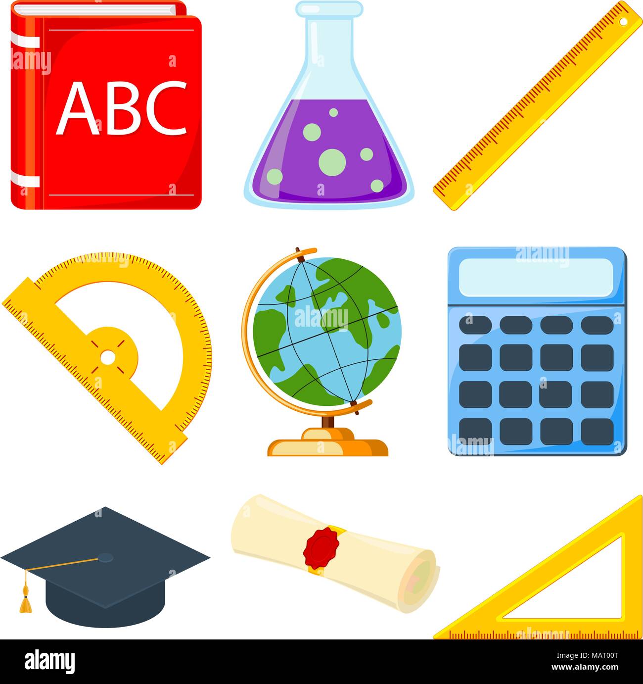 L'école de dessin animé coloré set 9 éléments. Thème de l'éducation pour le certificat d'illustration vectorielle, autocollant banderole d'un insigne, signe, cachet, étiquette, logo, icône, pos Illustration de Vecteur